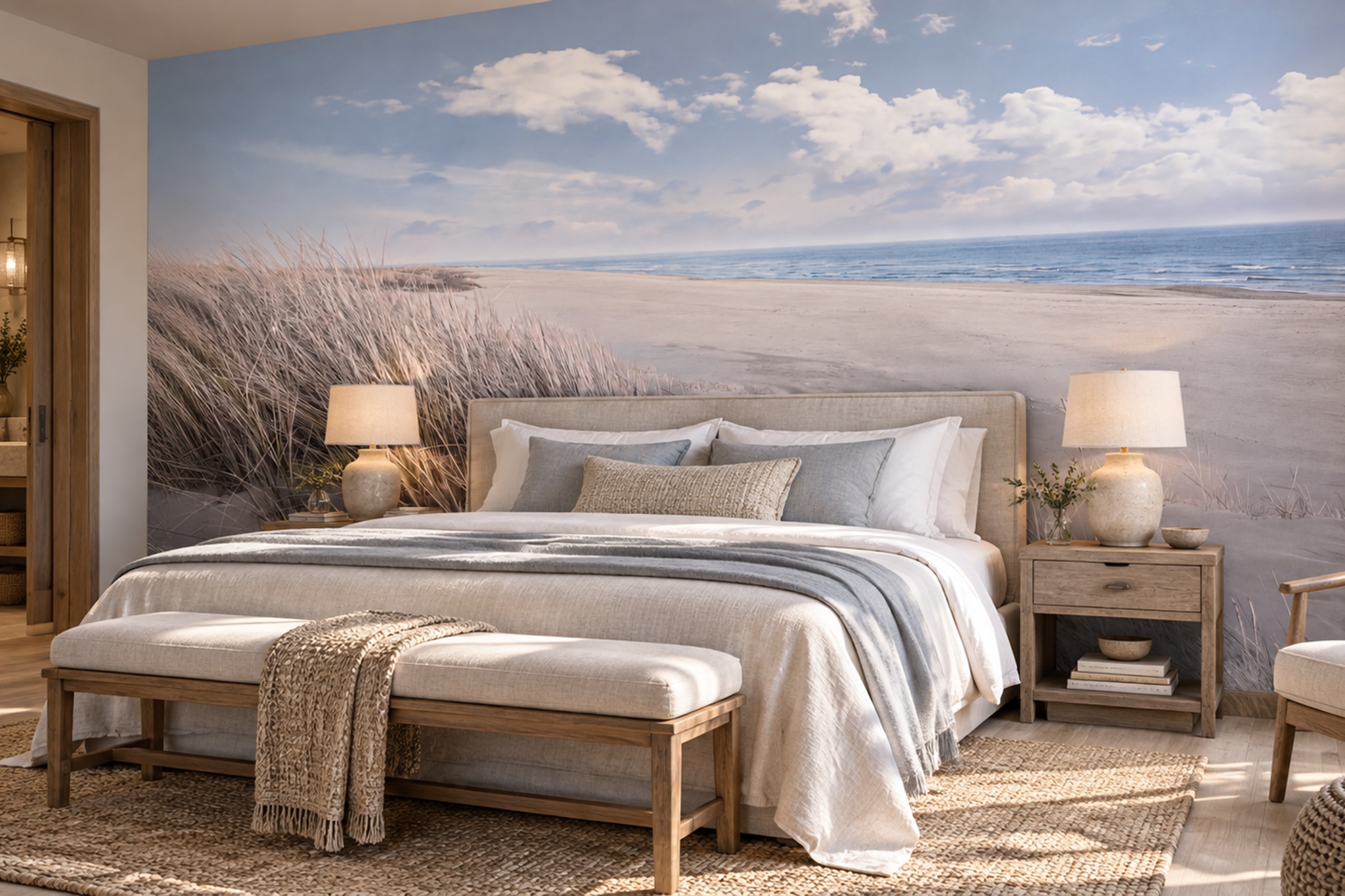 Beige Beach Scenic Decorative Wallpaper Mural Bedroom-wallpaper-murals, Peel-and-stick Finish