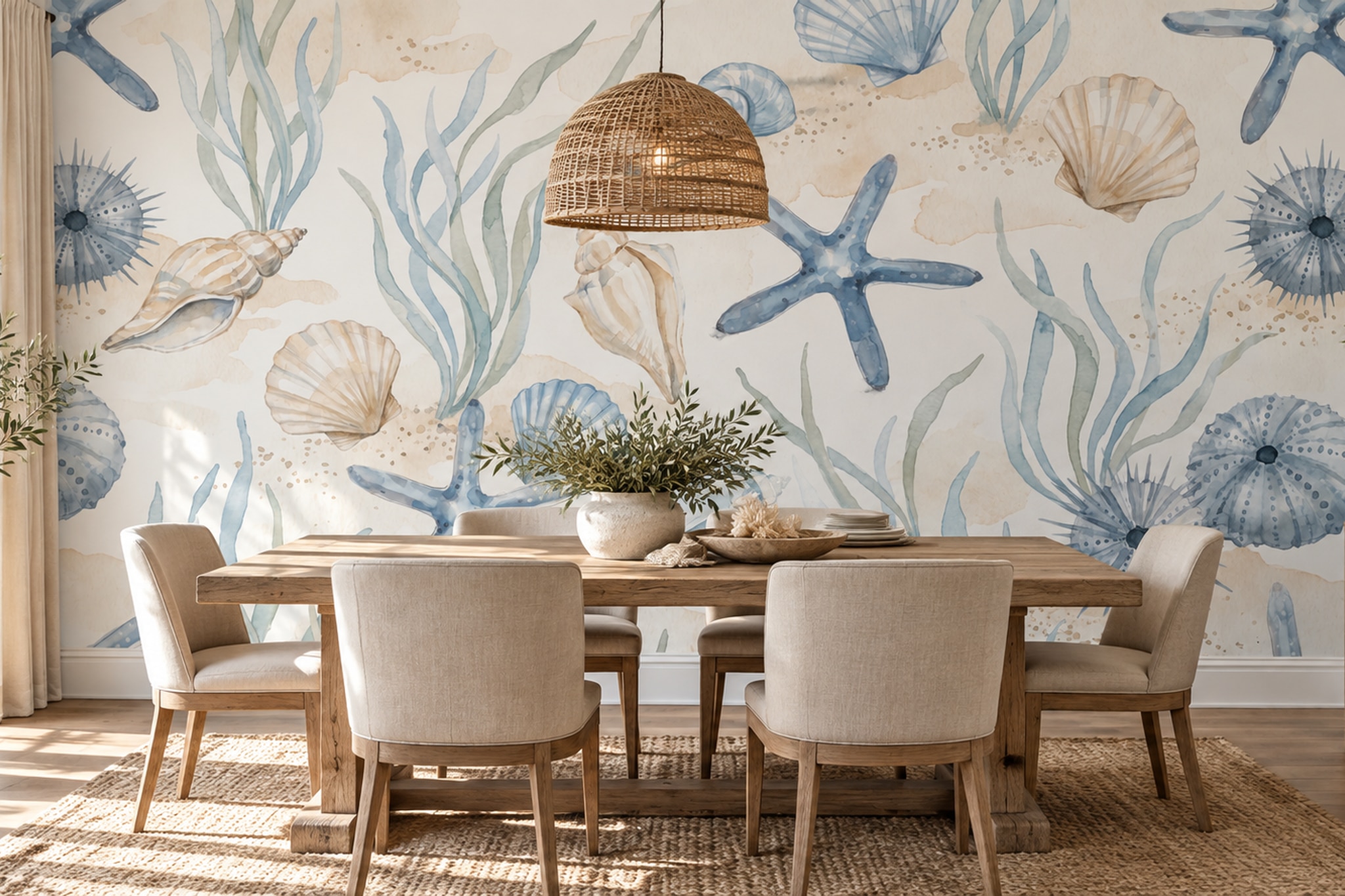 Blue Pattern Decorative Wallpaper Painterly Atmospheric Wallpaper Mural Dining-room-wallpaper-murals, Shown In A Dining Room, Peel-and-stick Finish