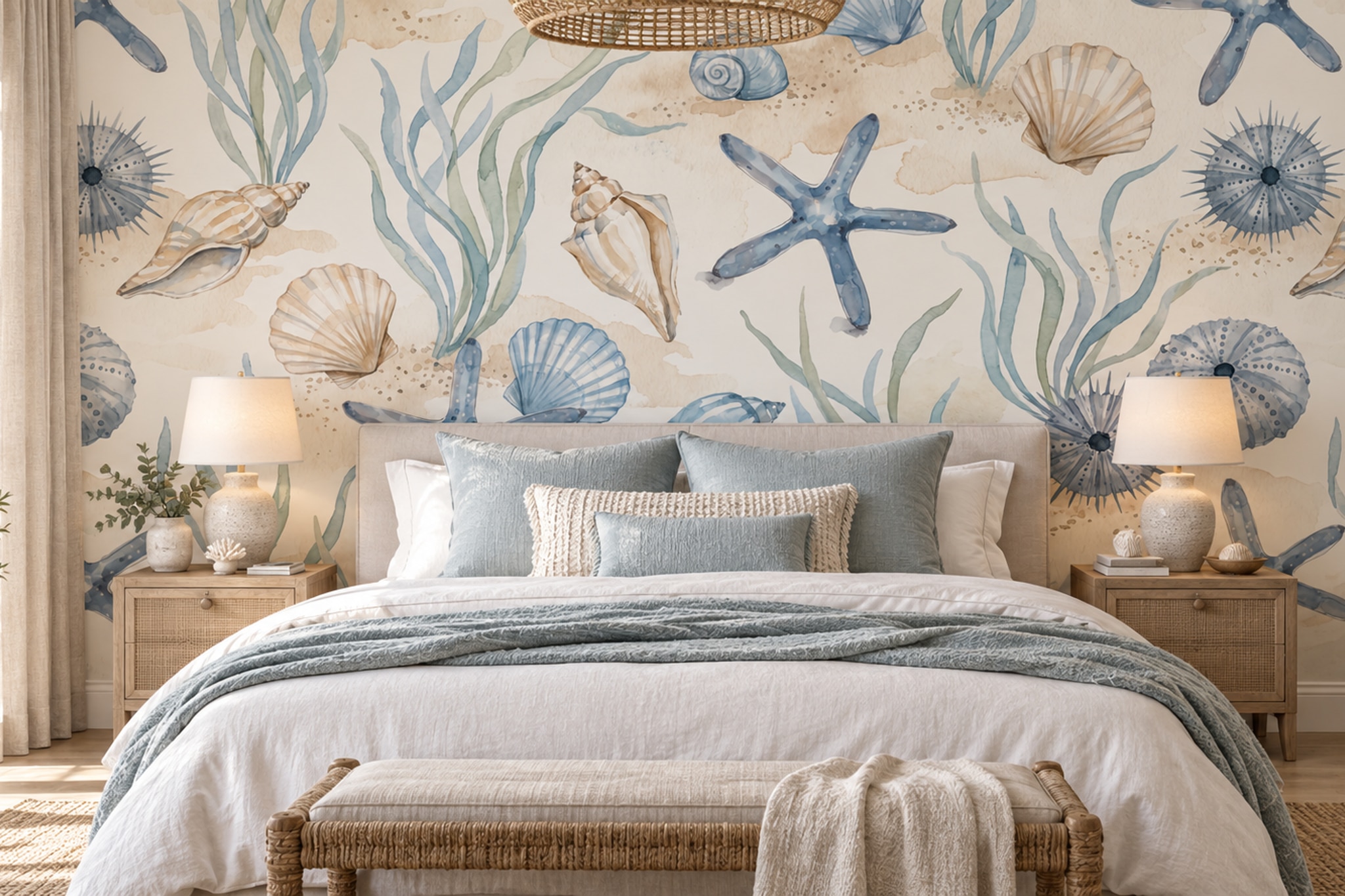 Blue Watercolour Seashells And Starfish Wallpaper Mural — Installed Wallpaper Mural In A Bedroom, Peel-and-stick Finish