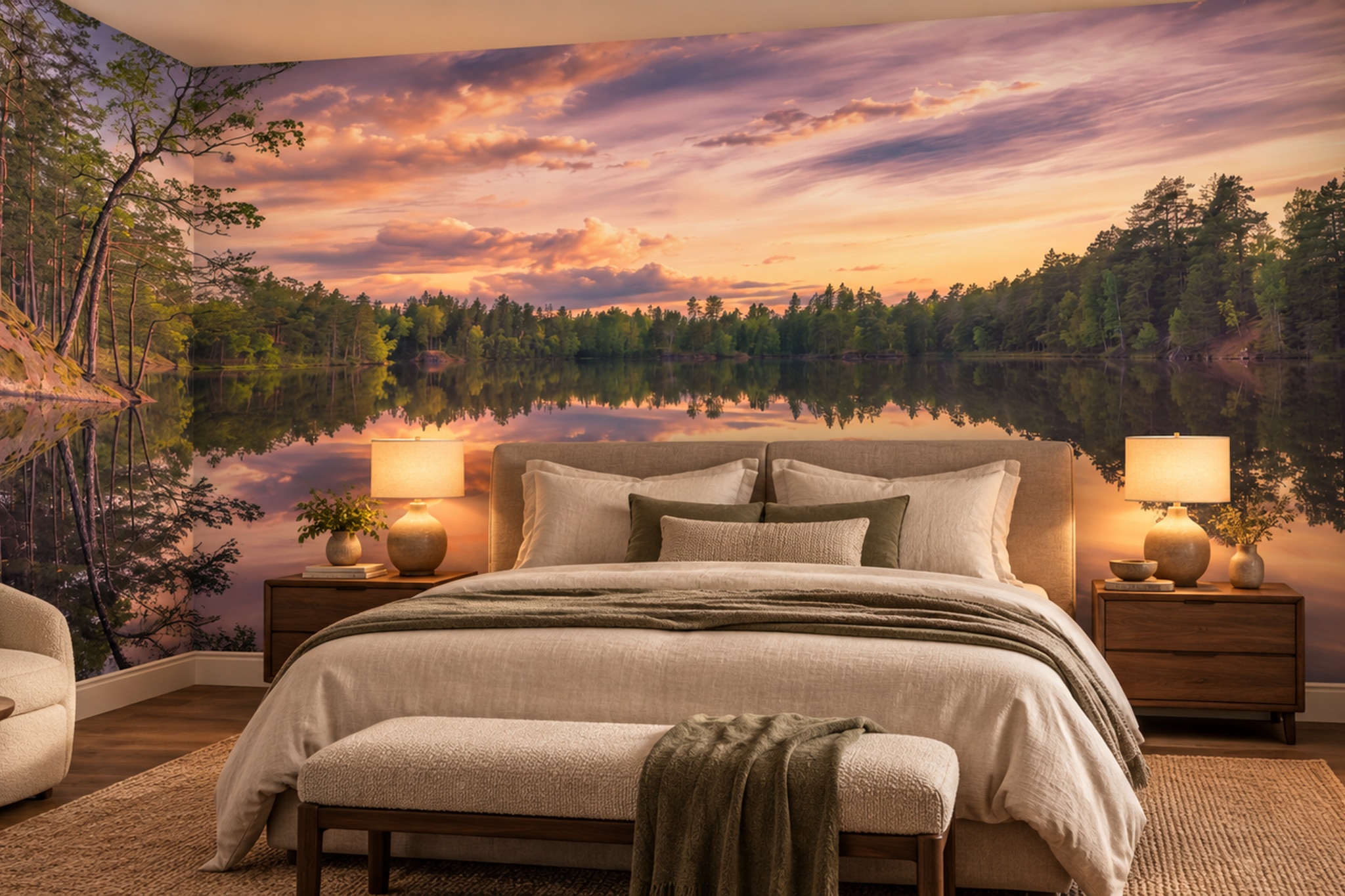 Pink Lake Scenic Painterly Wallpaper Mural Bedroom-wallpaper-murals, Peel-and-stick Finish