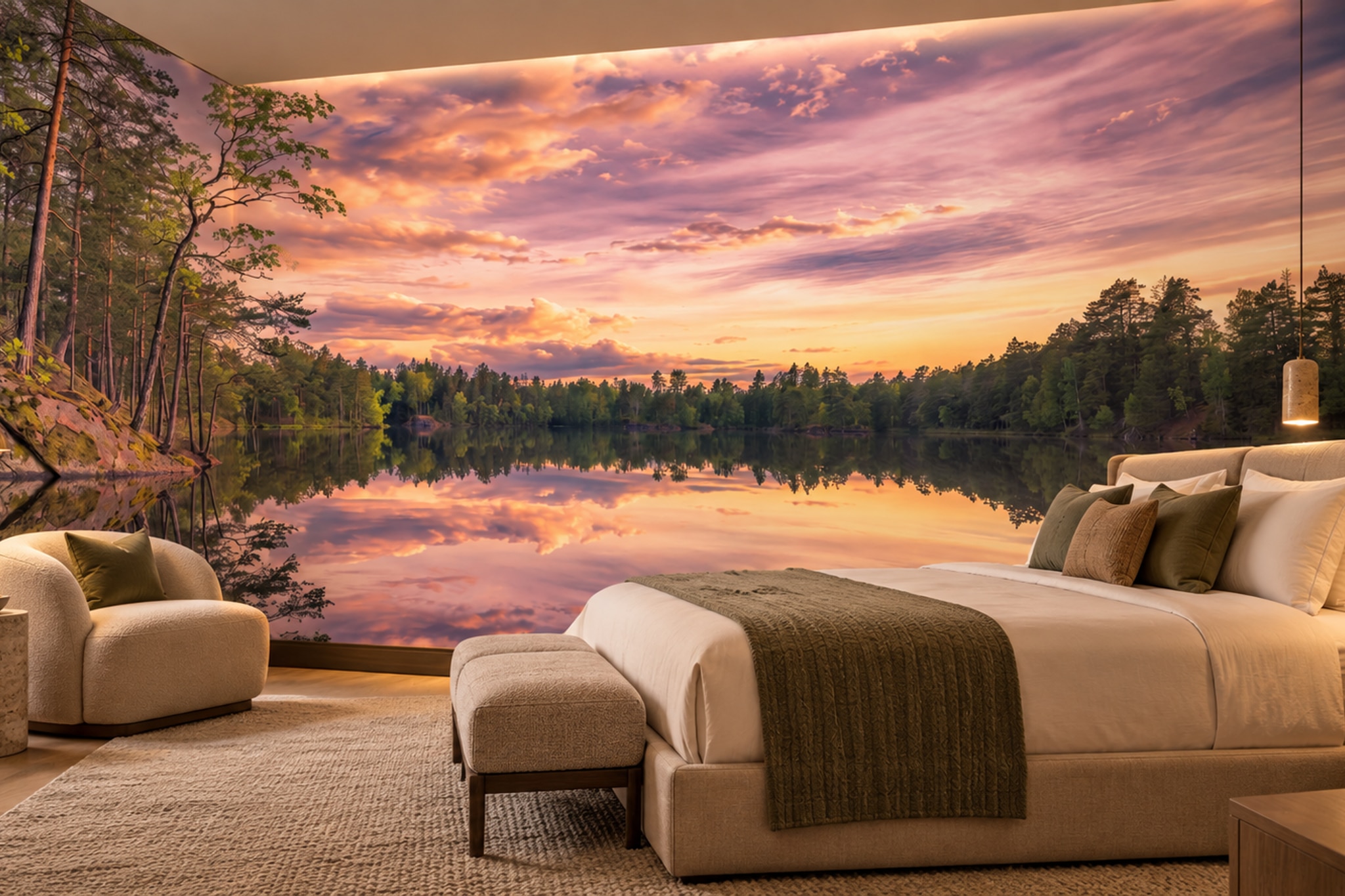 Pink Lake Scenic Painterly Wallpaper Mural Bedroom-wallpaper-murals, Peel-and-stick Finish