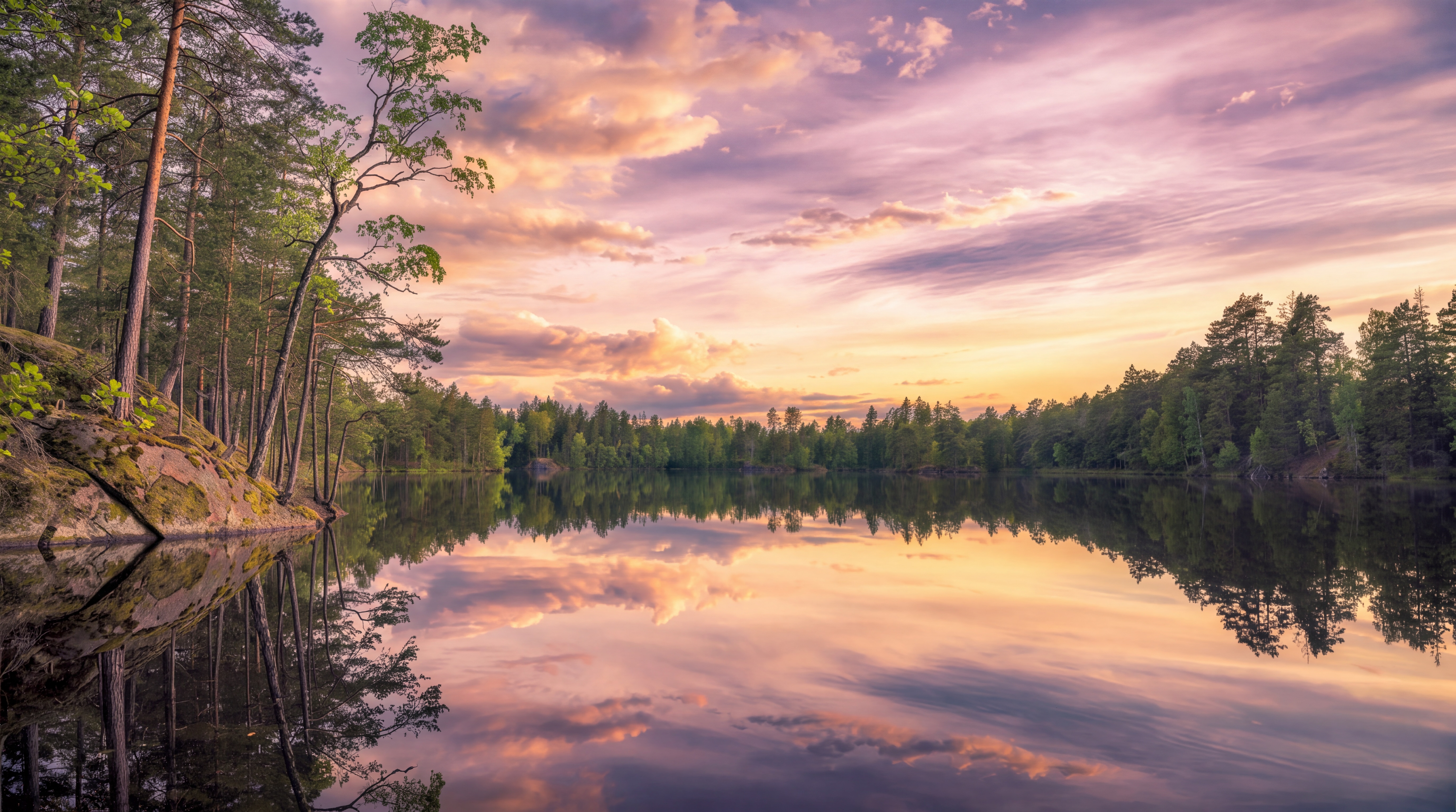 Pink Lake Scenic Painterly Wallpaper Mural, Peel-and-stick Finish