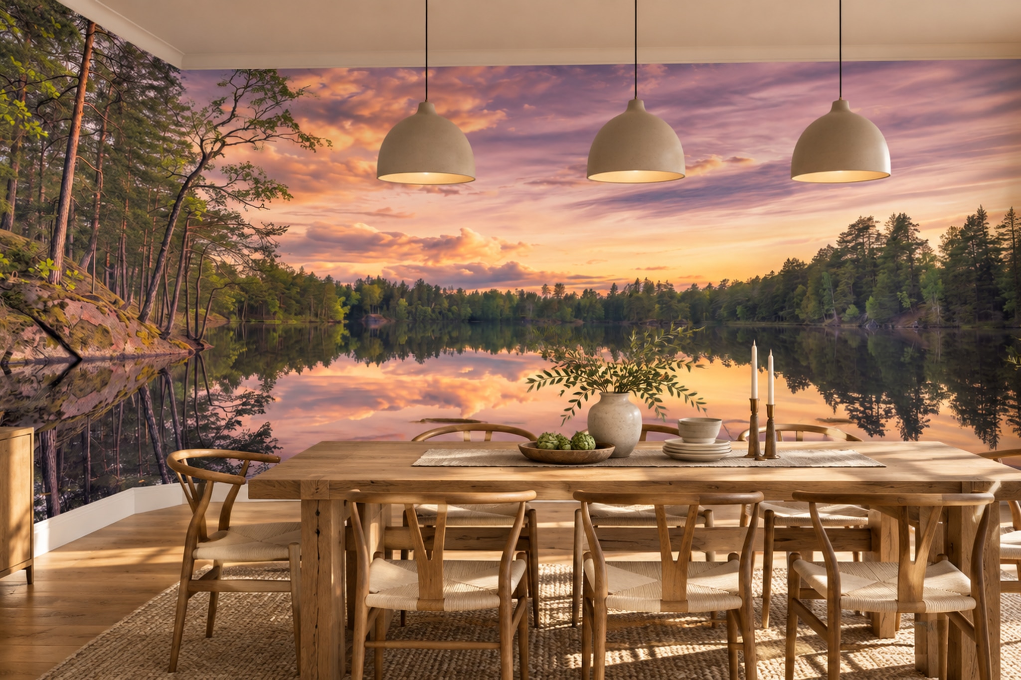 Pink Lake Scenic Painterly Wallpaper Mural Living-room-wallpaper-murals, Peel-and-stick Finish