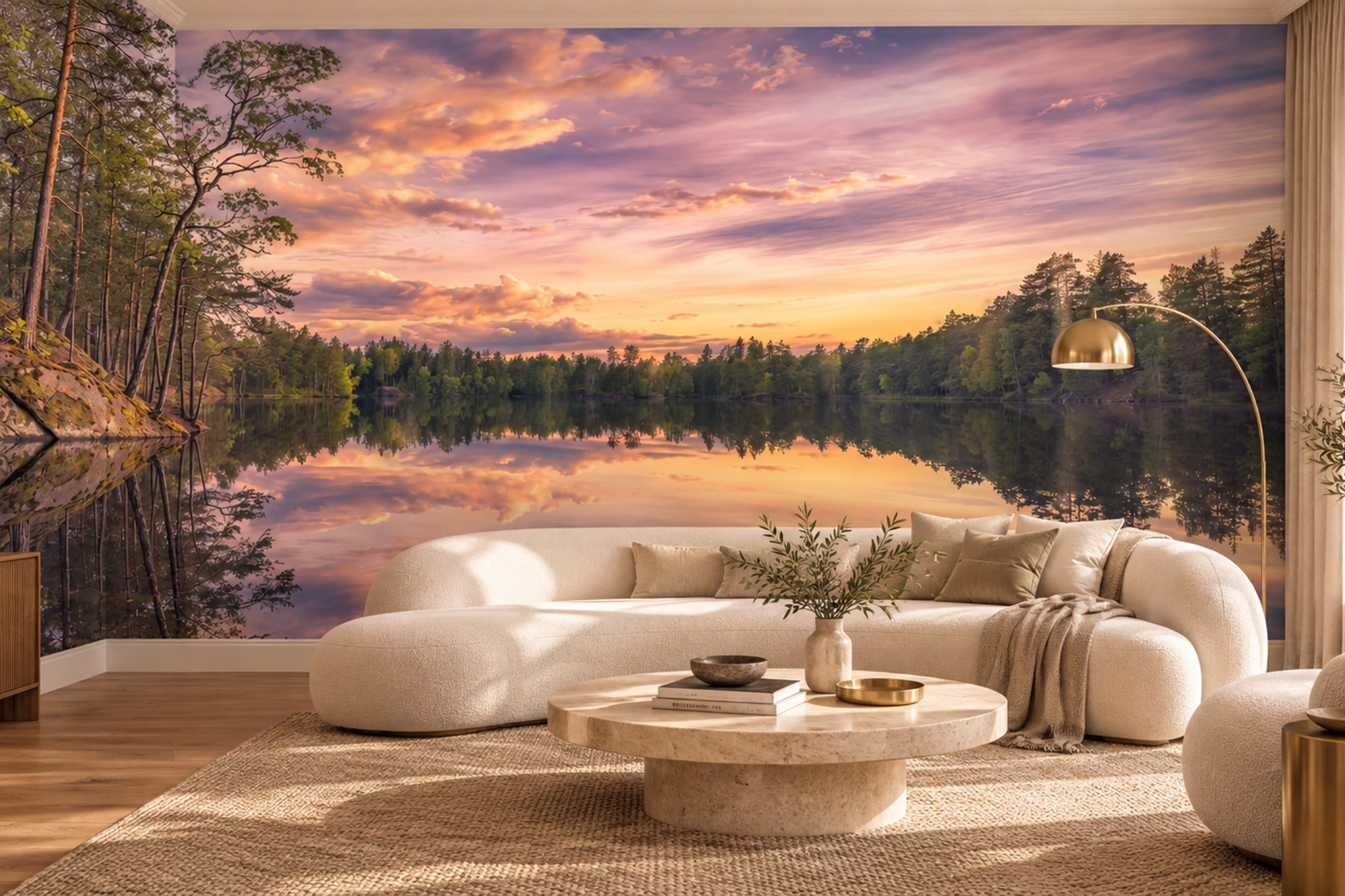 Pink Sunset Reflected On A Forest Lake Wallpaper Mural — Wallpaper Mural Design, Peel-and-stick Finish