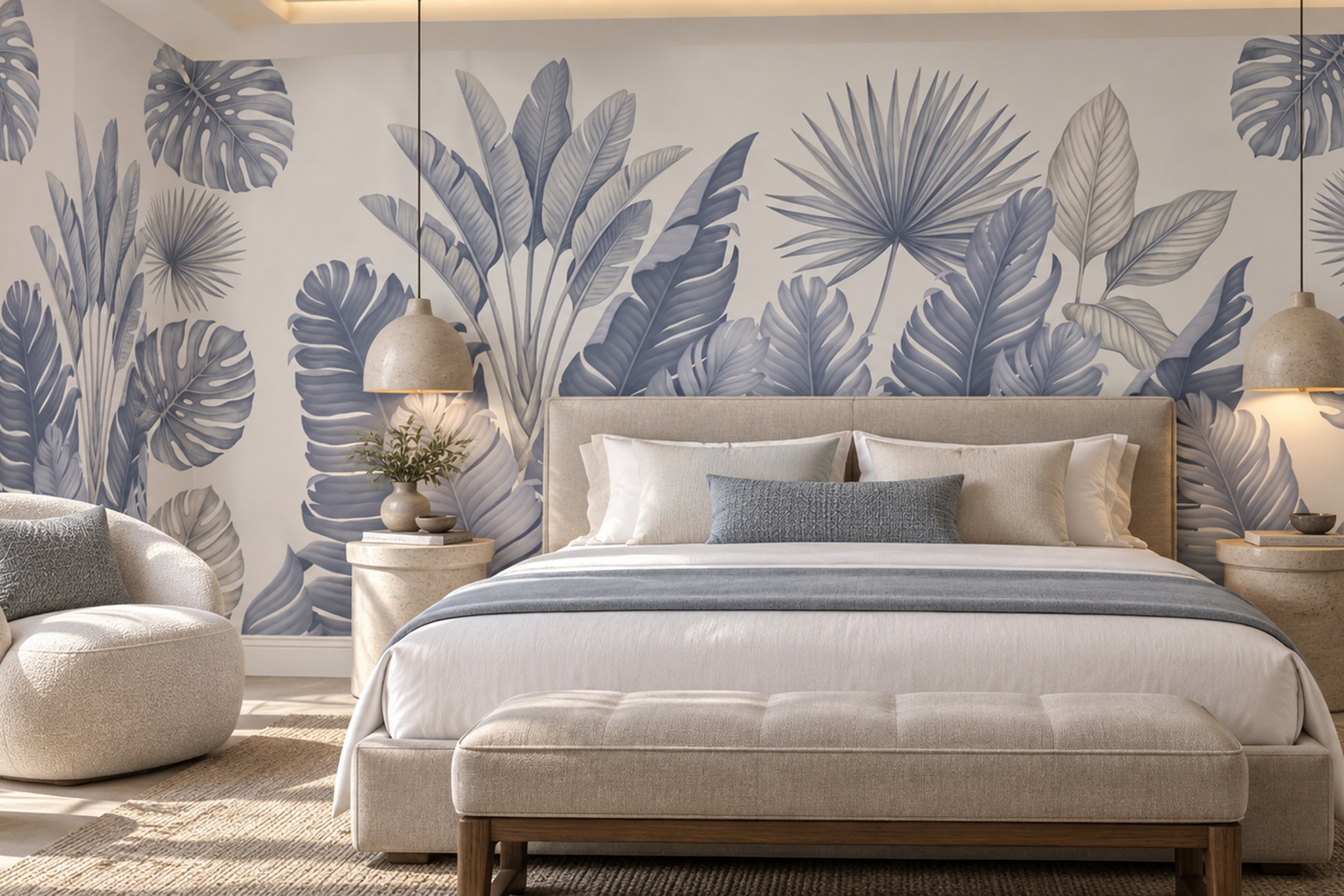 Grey Leaf Botanical Abstract Wallpaper Mural Bedroom-wallpaper-murals, Peel-and-stick Finish