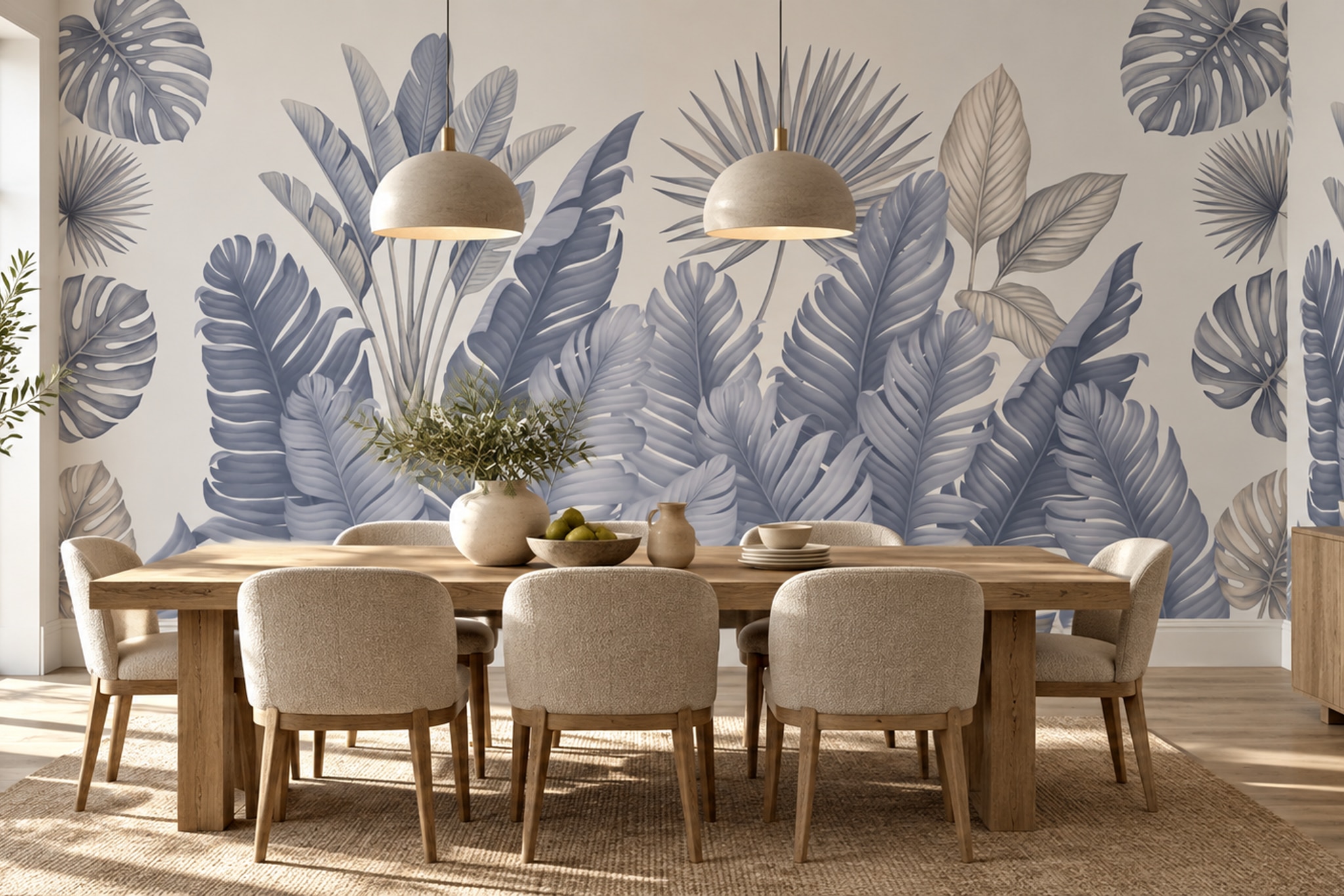 Grey Leaf Botanical Abstract Wallpaper Mural Dining-room-wallpaper-murals, Shown In A Dining Room, Peel-and-stick Finish