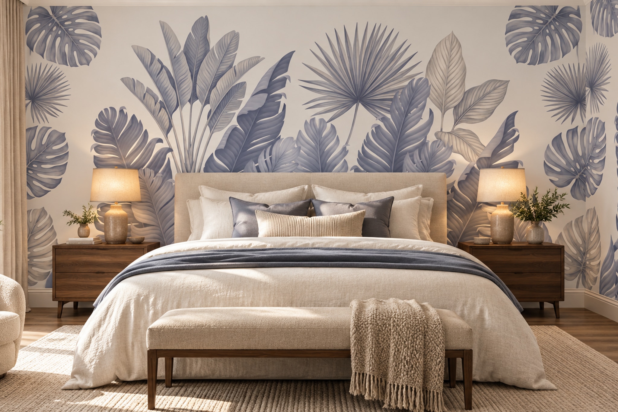 Grey Leaf Botanical Abstract Wallpaper Mural Feature-wall-wallpaper-murals, Peel-and-stick Finish