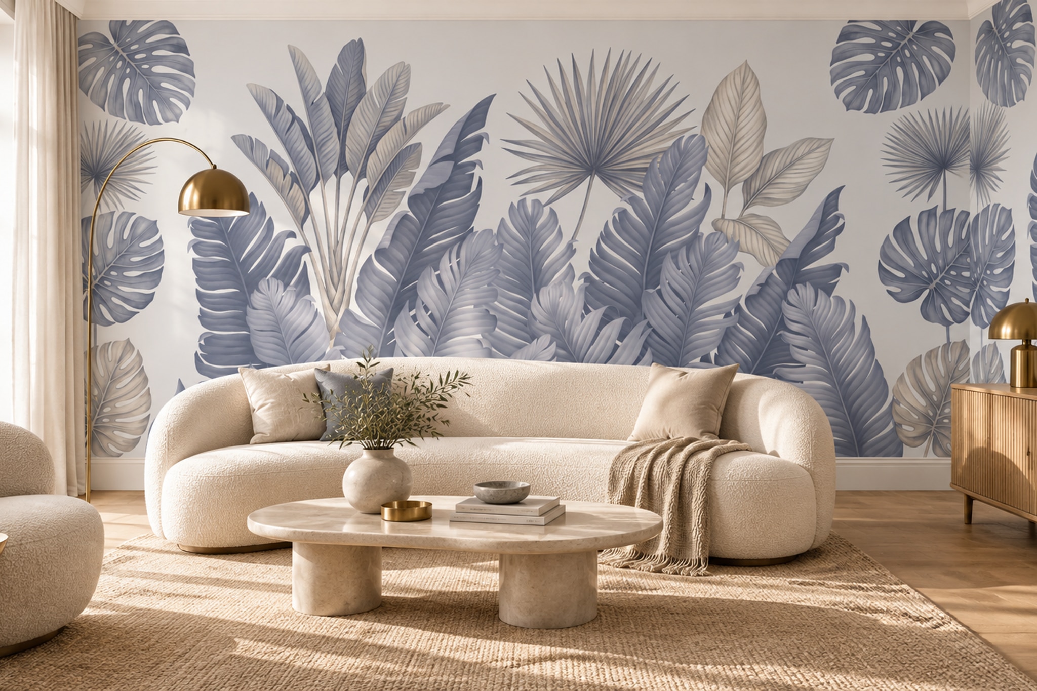 Monochrome Tropical Leaves On A White Ground Wallpaper Mural — Wallpaper Mural Design, Peel-and-stick Finish