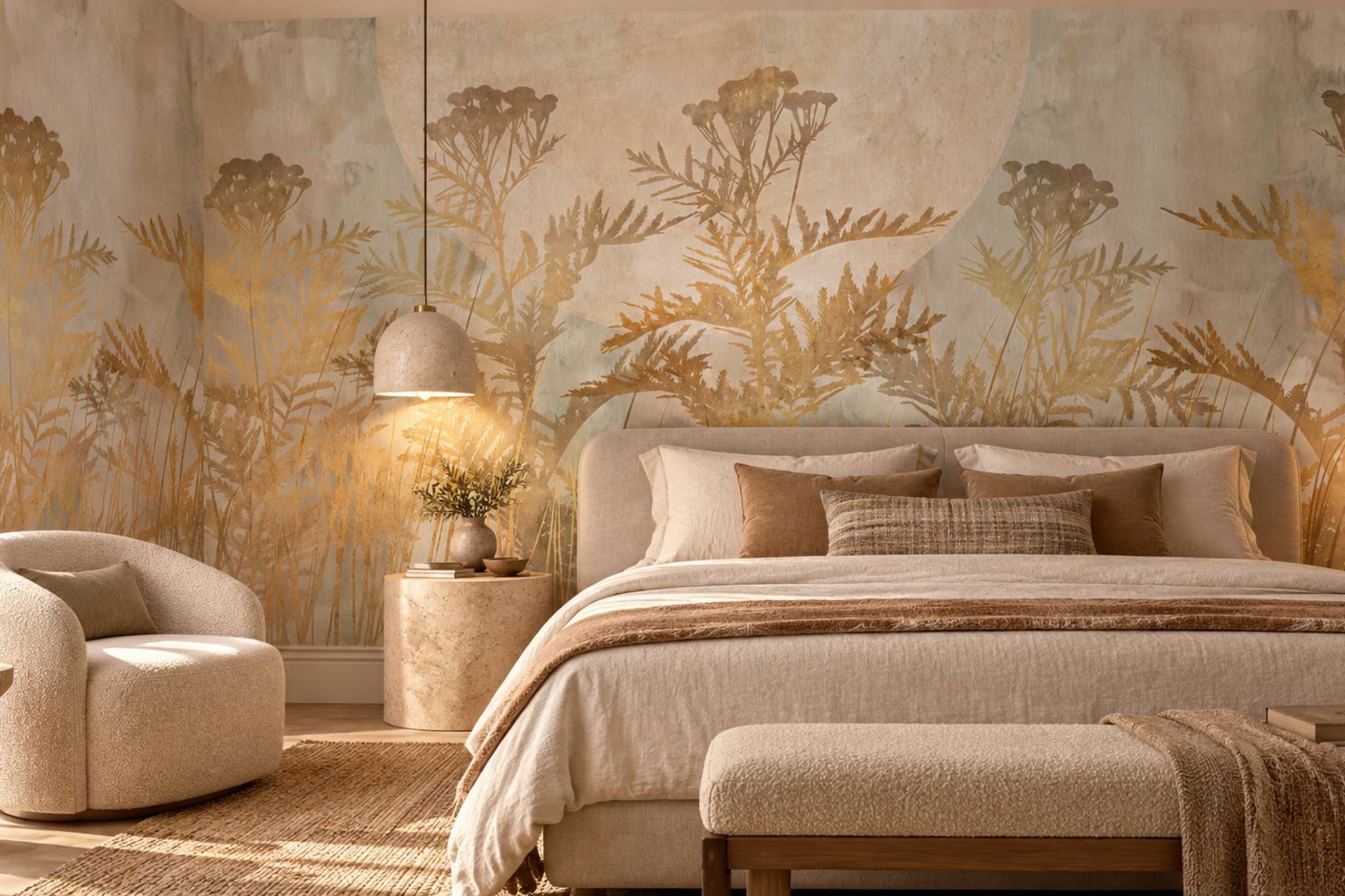 Gold Meadow Scenic Painterly Wallpaper Mural Bedroom-wallpaper-murals, Peel-and-stick Finish