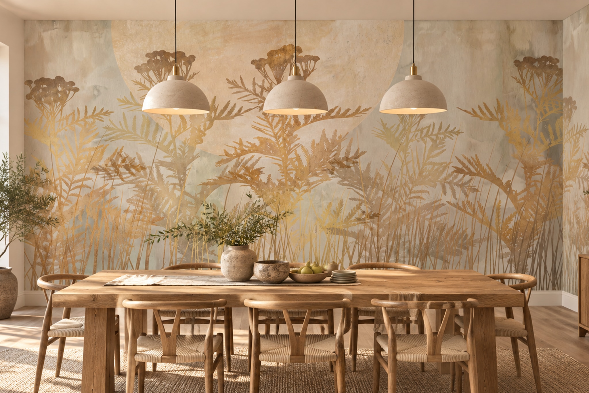 Gold Meadow Scenic Painterly Wallpaper Mural Living-room-wallpaper-murals, Peel-and-stick Finish