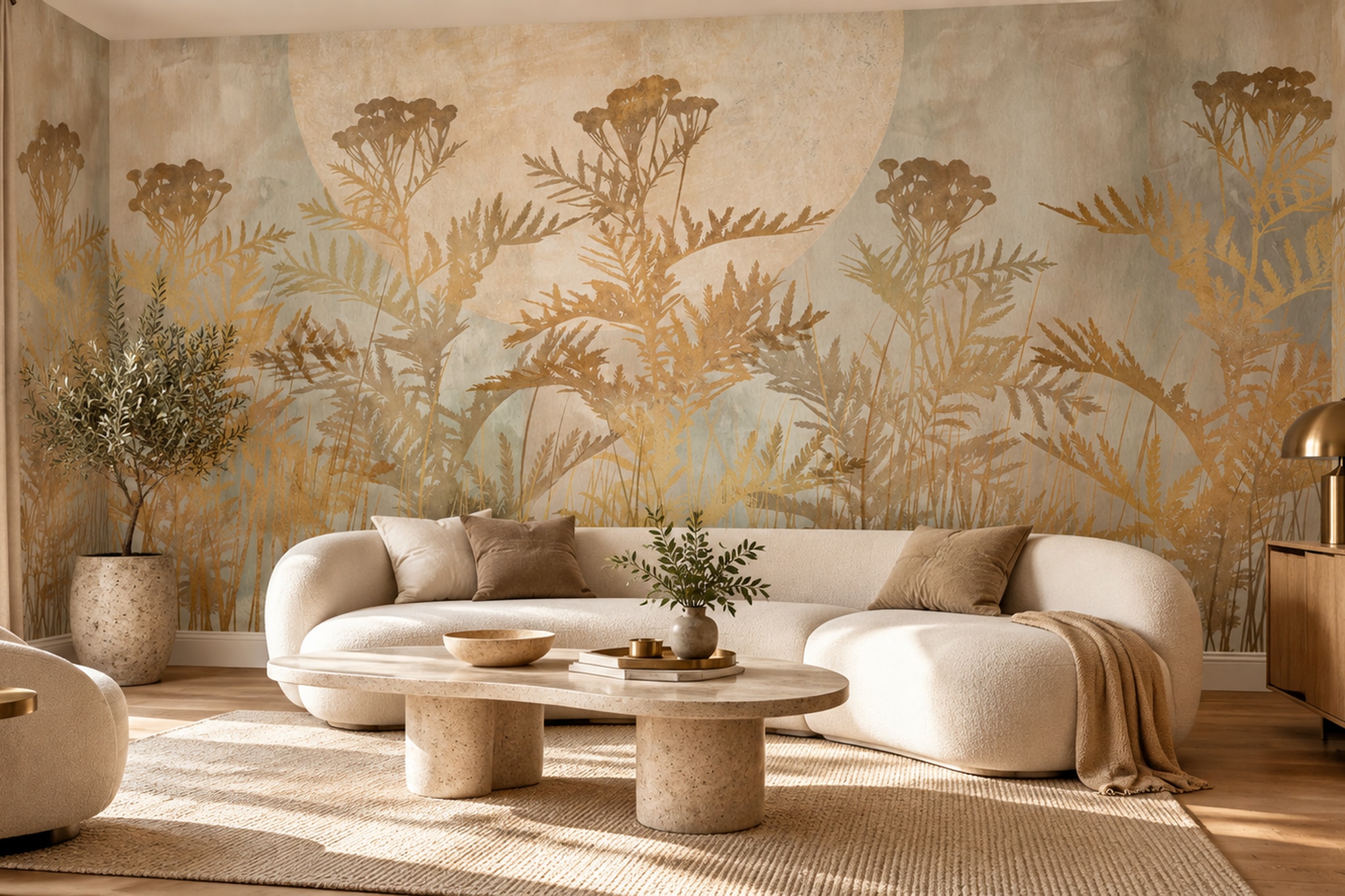 Gold Meadow Scenic Painterly Wallpaper Mural Living-room-wallpaper-murals, Peel-and-stick Finish