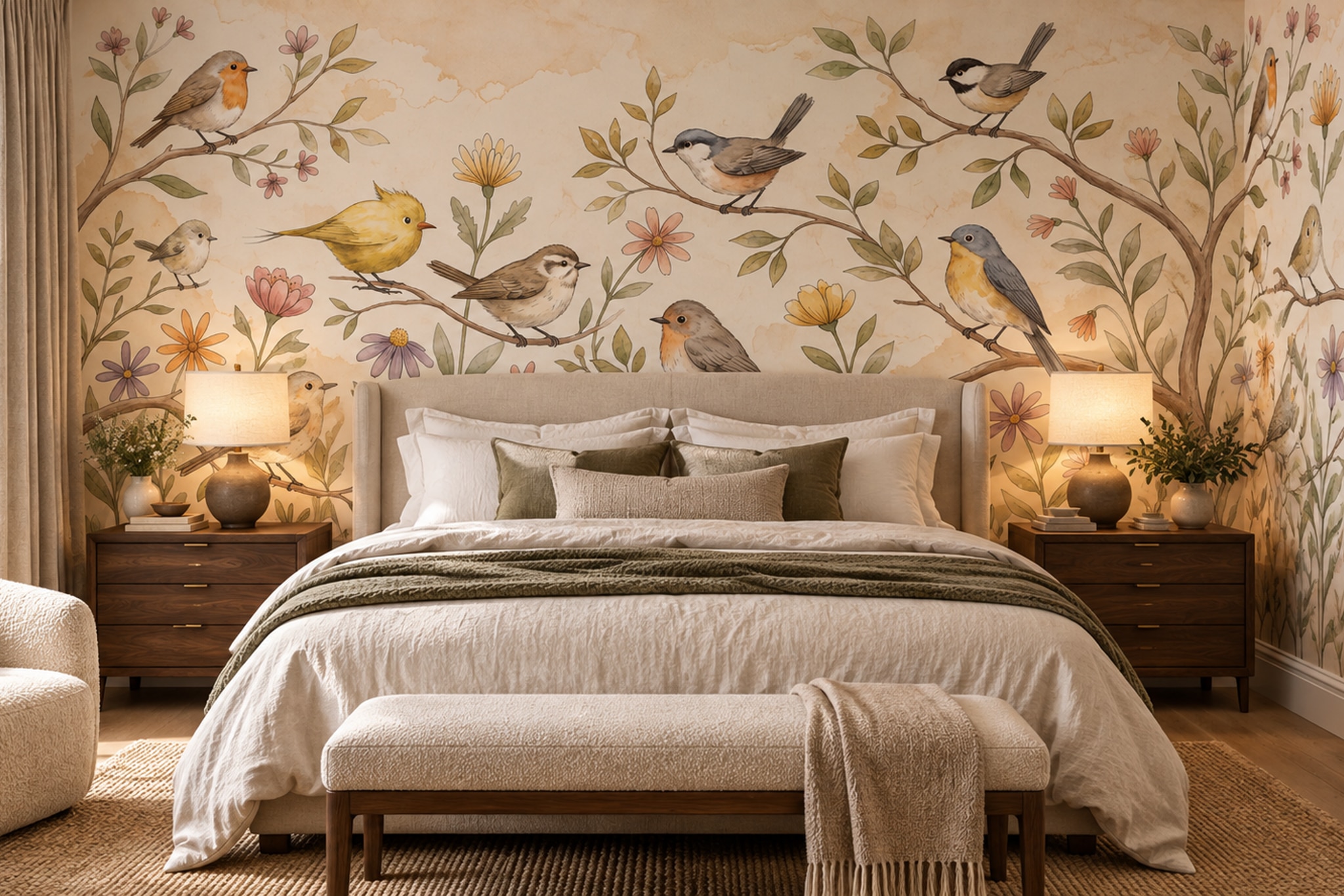 Watercolour Songbirds And Garden Flowers Wallpaper Mural — Installed Wallpaper Mural In A Bedroom, Peel-and-stick Finish
