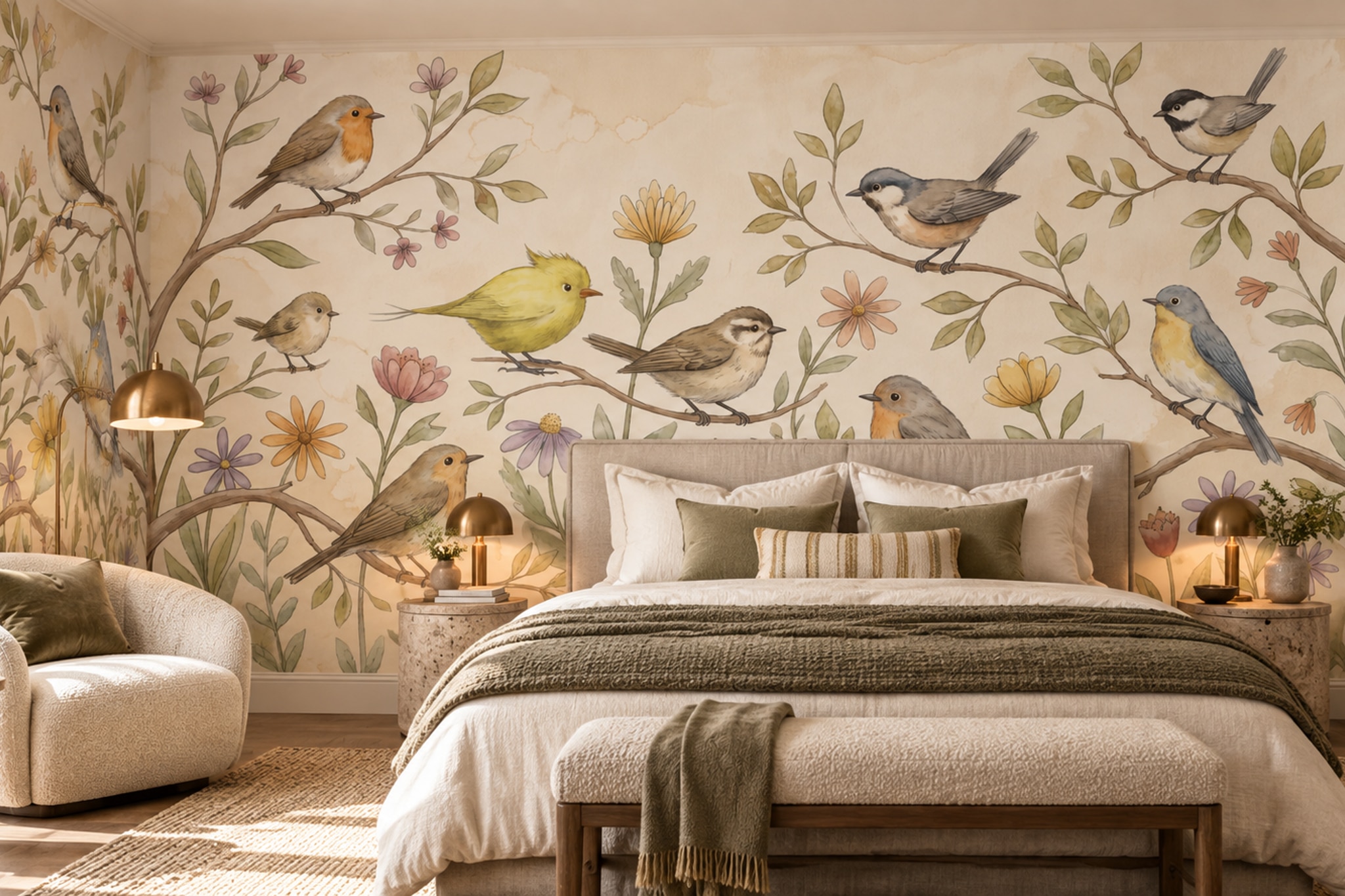 Beige Bird Illustrated Decorative Wallpaper Mural Bedroom-wallpaper-murals, Peel-and-stick Finish