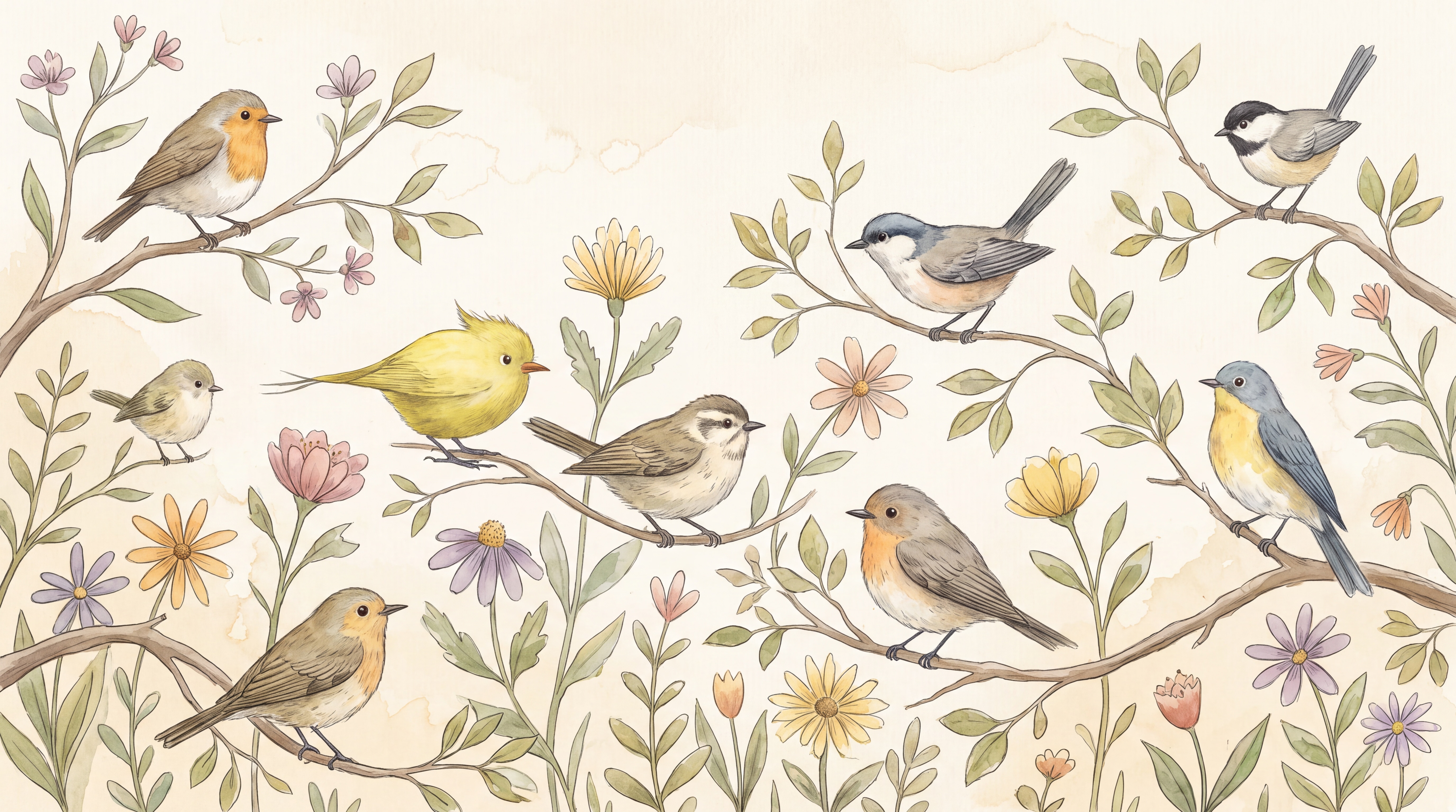 Beige Bird Illustrated Decorative Wallpaper Mural, Peel-and-stick Finish
