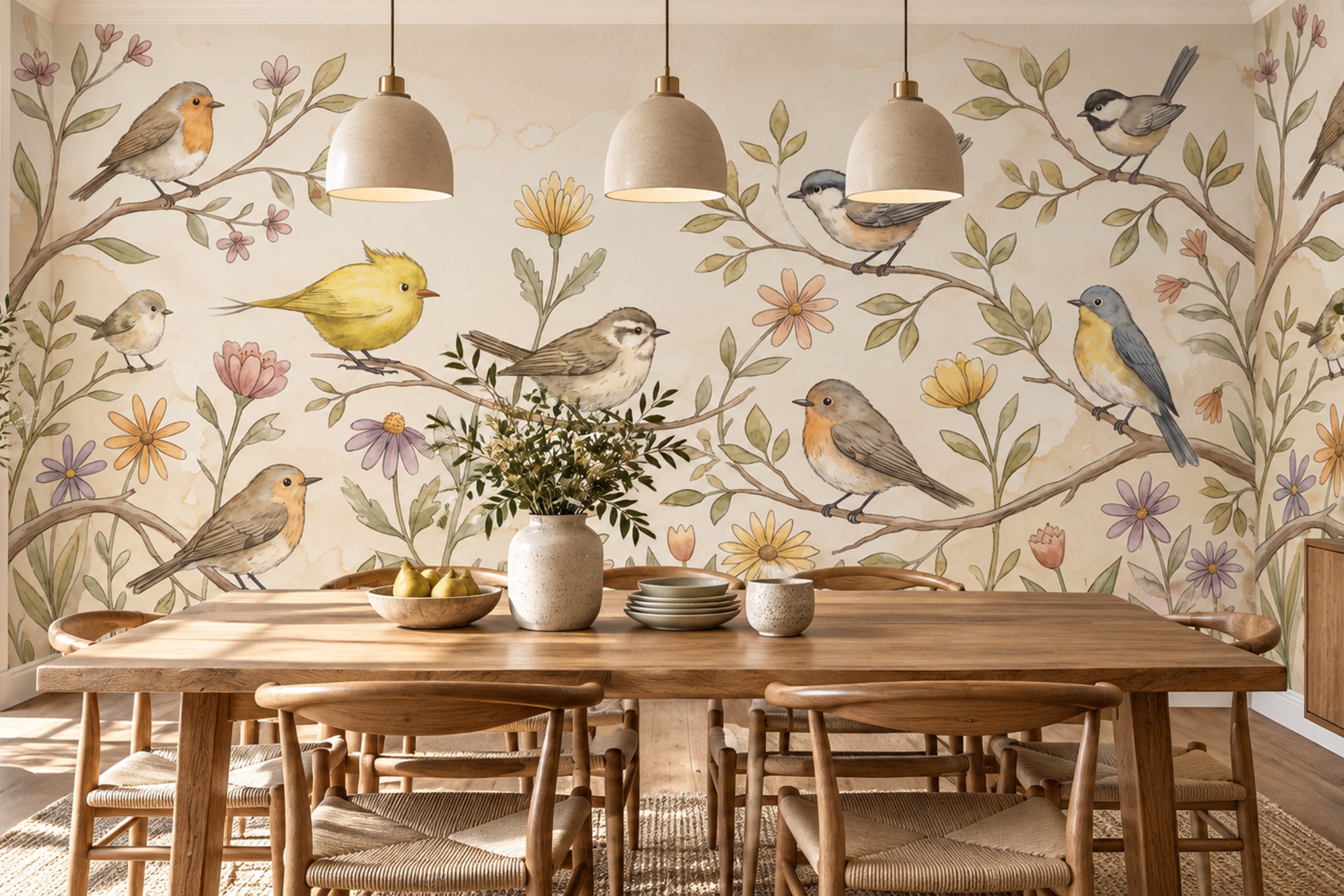 Beige Bird Illustrated Decorative Wallpaper Mural Dining-room-wallpaper-murals, Shown In A Dining Room, Peel-and-stick Finish