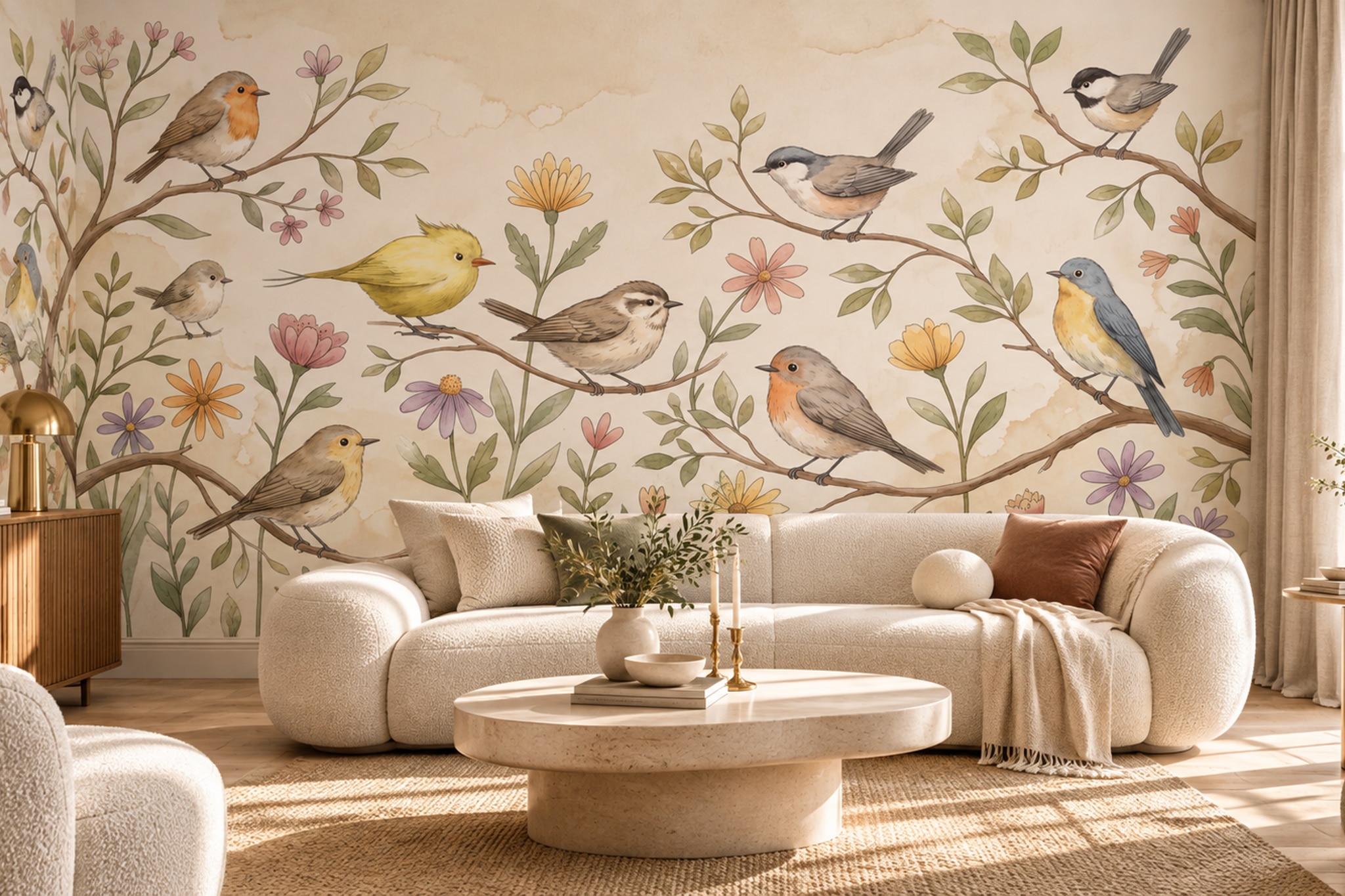 Beige Bird Illustrated Decorative Wallpaper Mural Living-room-wallpaper-murals, Shown In A Living Room, Peel-and-stick Finish