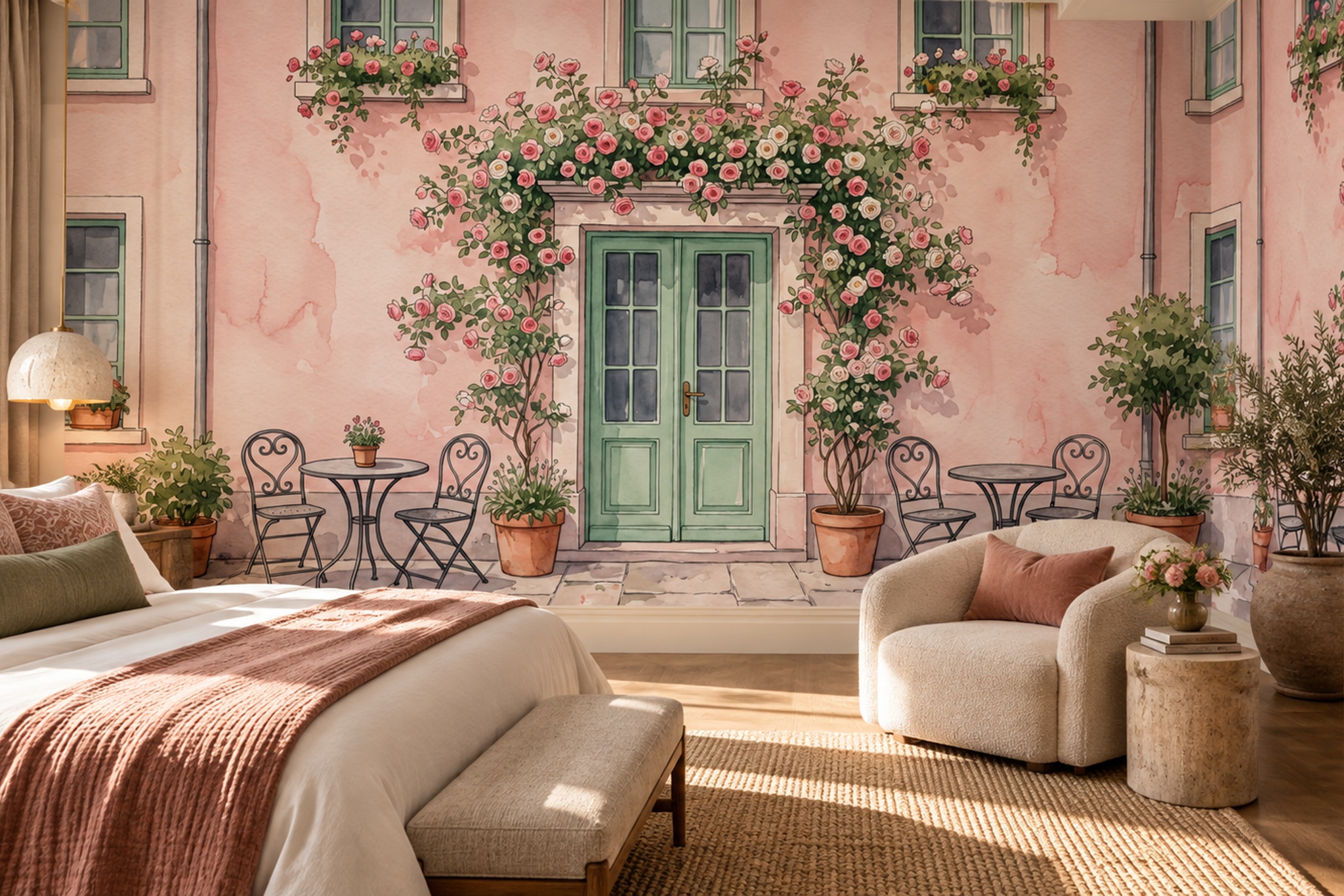 Watercolour Pink Rose-covered Courtyard Wallpaper Mural — Installed Wallpaper Mural In A Bedroom, Peel-and-stick Finish