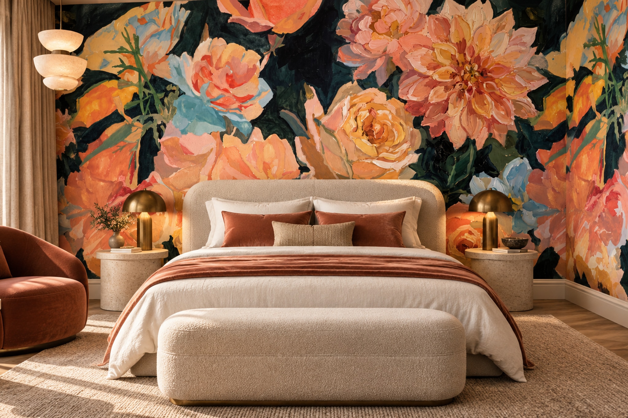 Coral Floral Botanical Decorative Wallpaper Mural Bedroom-wallpaper-murals, Peel-and-stick Finish