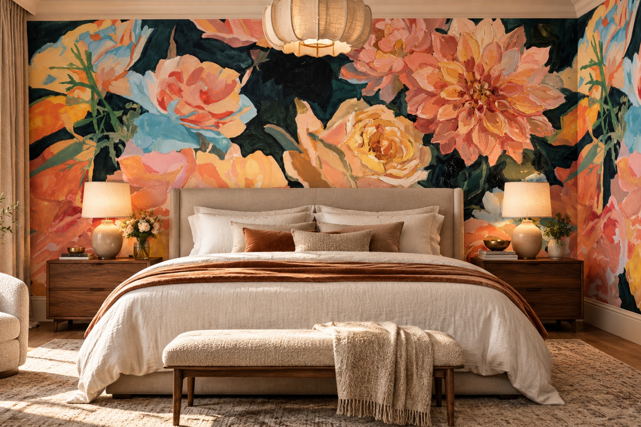 Coral Floral Botanical Decorative Wallpaper Mural Bedroom-wallpaper-murals, Peel-and-stick Finish