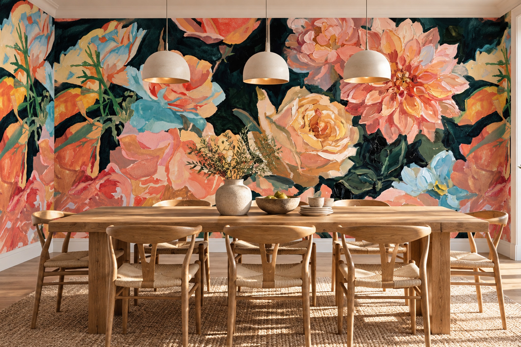 Coral Floral Botanical Decorative Wallpaper Mural Dining-room-wallpaper-murals, Peel-and-stick Finish