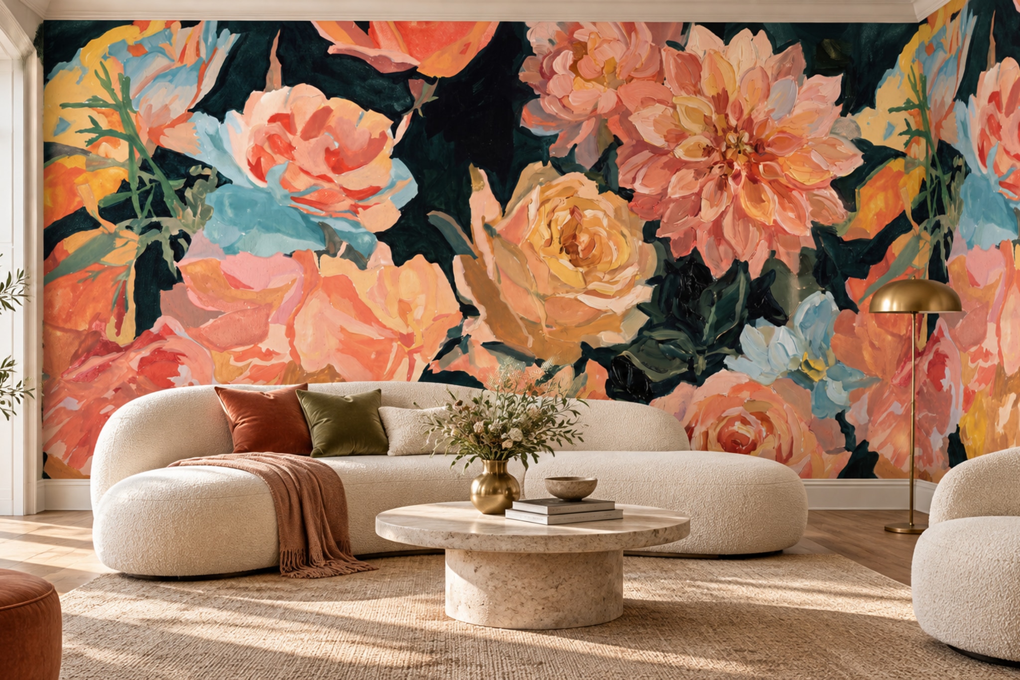 Coral Floral Botanical Decorative Wallpaper Mural Accent-wall-wallpaper-murals, Peel-and-stick Finish