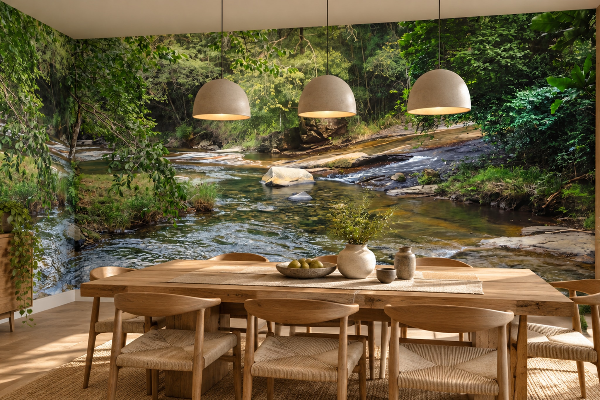 Green River Scenic Painterly Wallpaper Mural Accent-wall-wallpaper-murals, Peel-and-stick Finish
