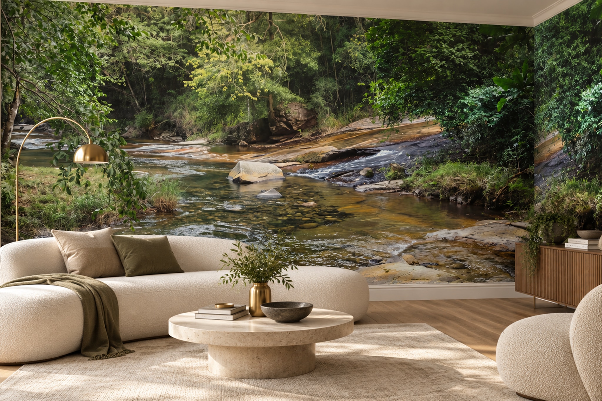 Green River Scenic Painterly Wallpaper Mural Accent-wall-wallpaper-murals, Peel-and-stick Finish