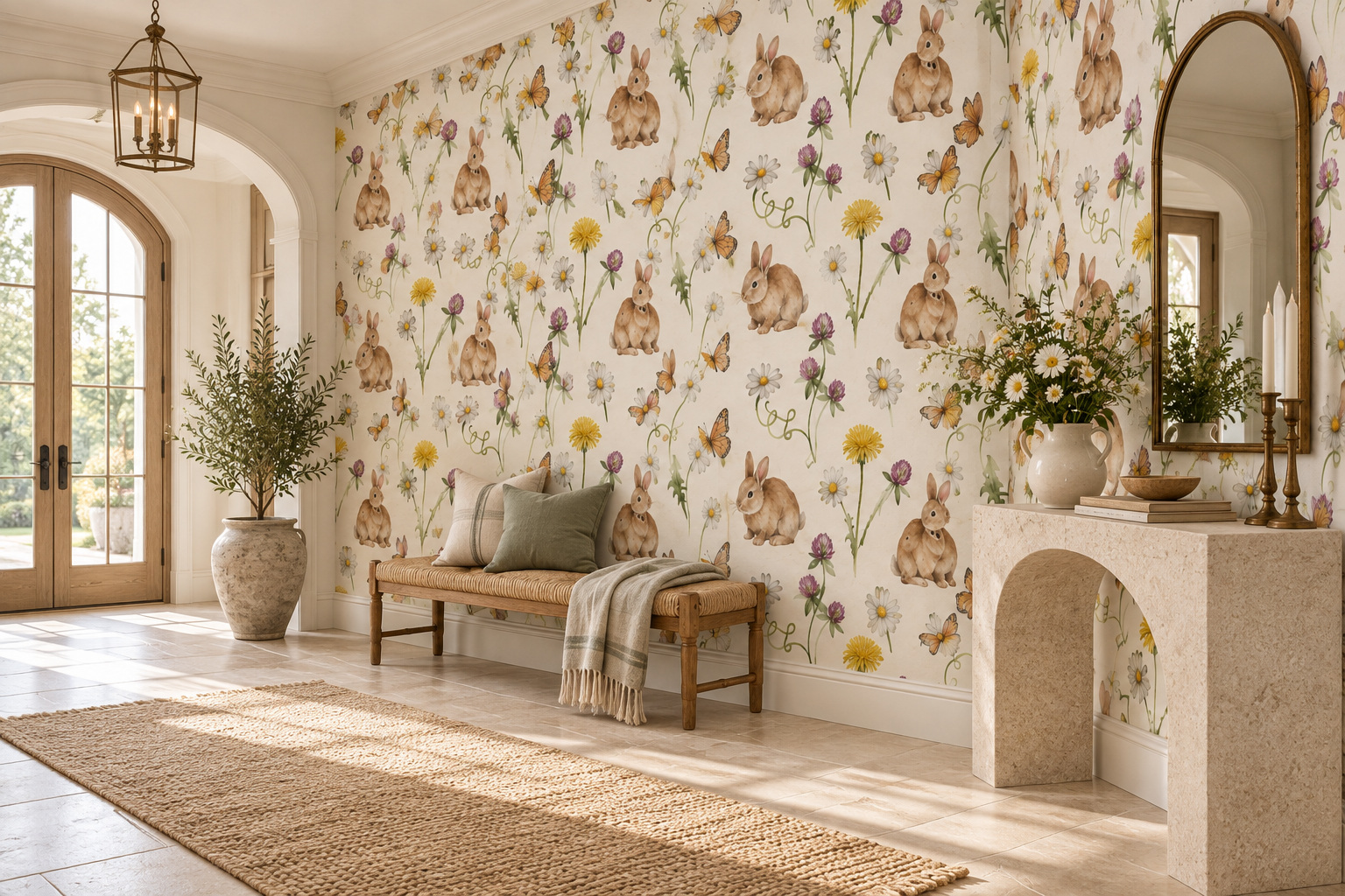 Watercolour Rabbits, Butterflies And Wildflowers Wallpaper Mural — Installed Wallpaper Mural In A Entryway, Peel-and-stick Finish