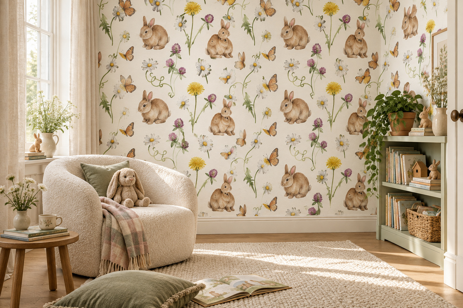 Brown Rabbit Wallpaper Mural, Peel-and-stick Finish