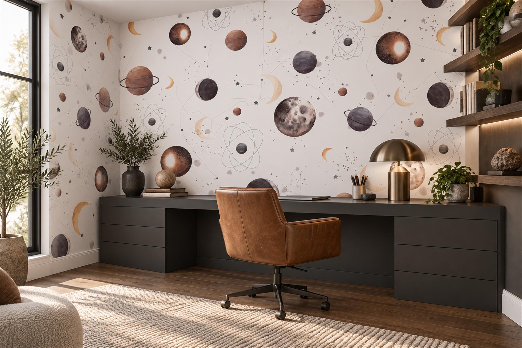 Purple Pattern Decorative Wallpaper Mural Layered Home-office-wallpaper-murals, Shown In A Home Office, Peel-and-stick Finish