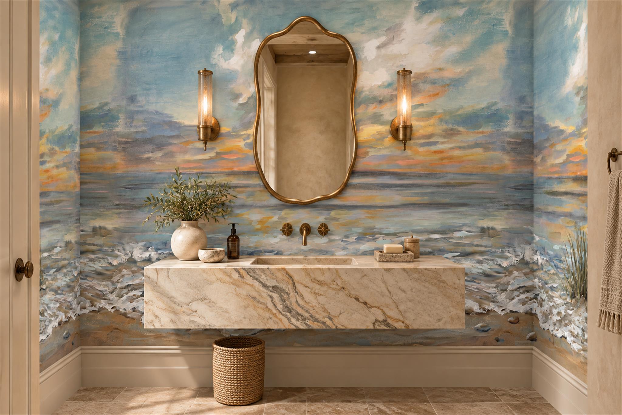 Blue Pattern Decorative Wallpaper Painterly Illustrated Wallpaper Mural Bathroom-wallpaper-murals, Peel-and-stick Finish