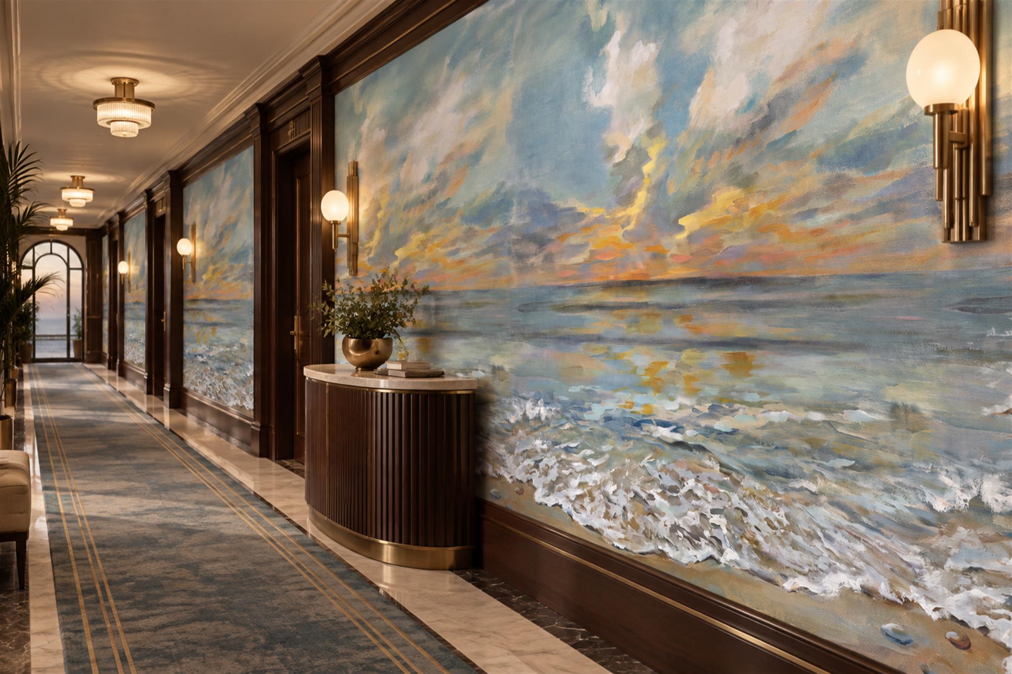 Painterly Sunset Over A Shoreline Wallpaper Mural — Installed Wallpaper Mural In A Hallway, Peel-and-stick Finish