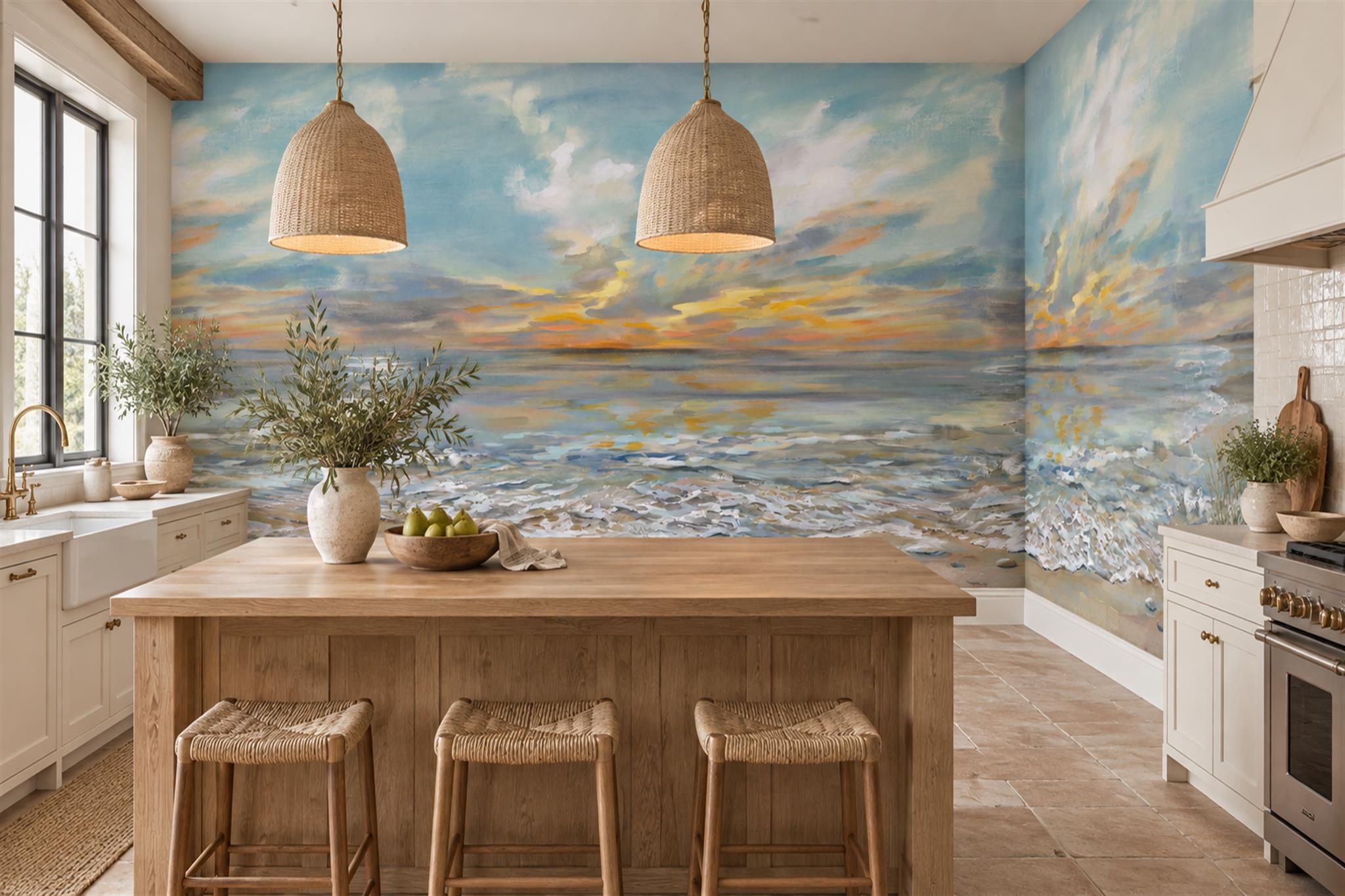 Blue Pattern Decorative Wallpaper Painterly Illustrated Wallpaper Mural Accent-wall-wallpaper-murals, Peel-and-stick Finish