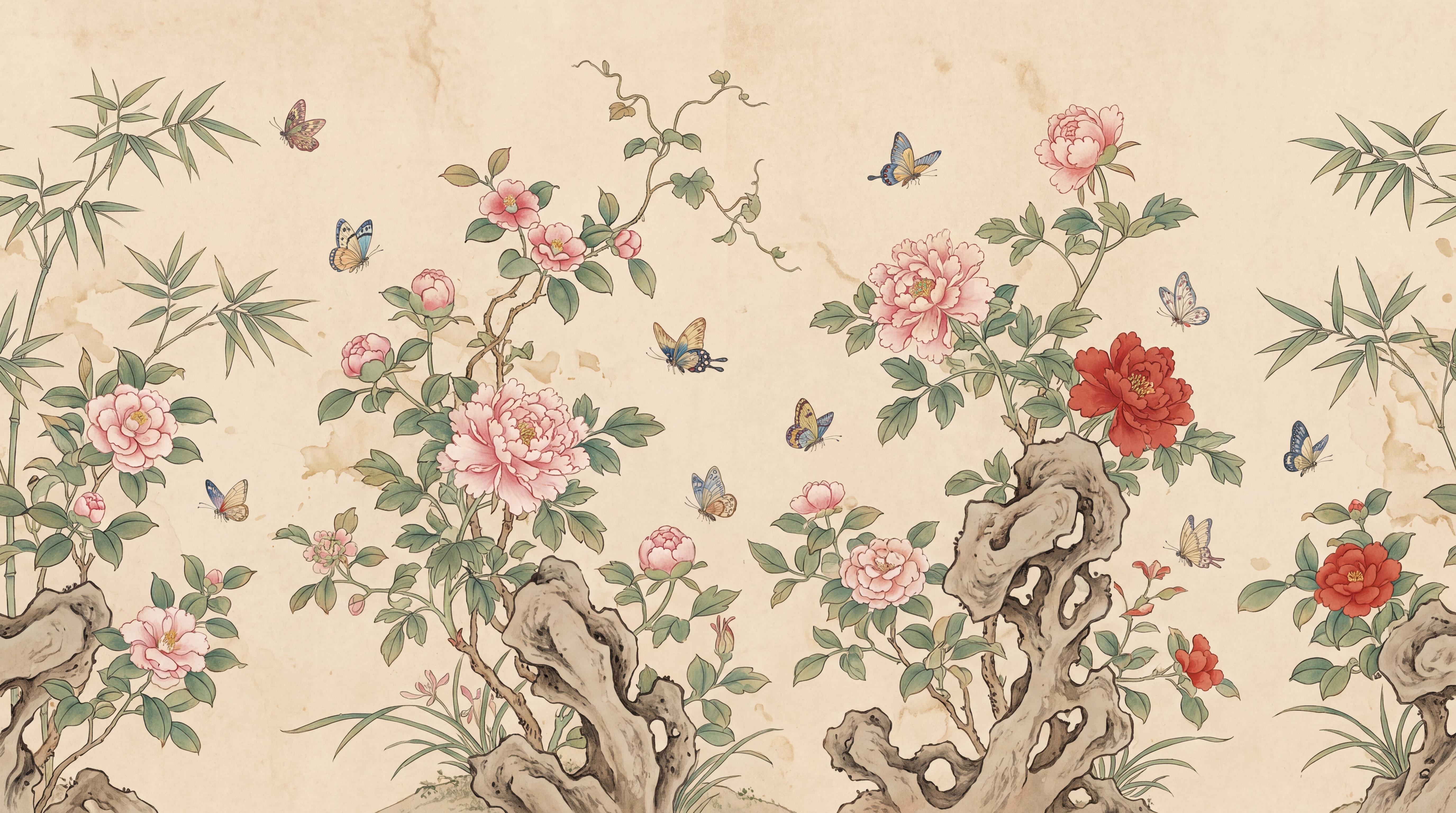Beige Floral Botanical Decorative Wallpaper Mural, Peel-and-stick Finish
