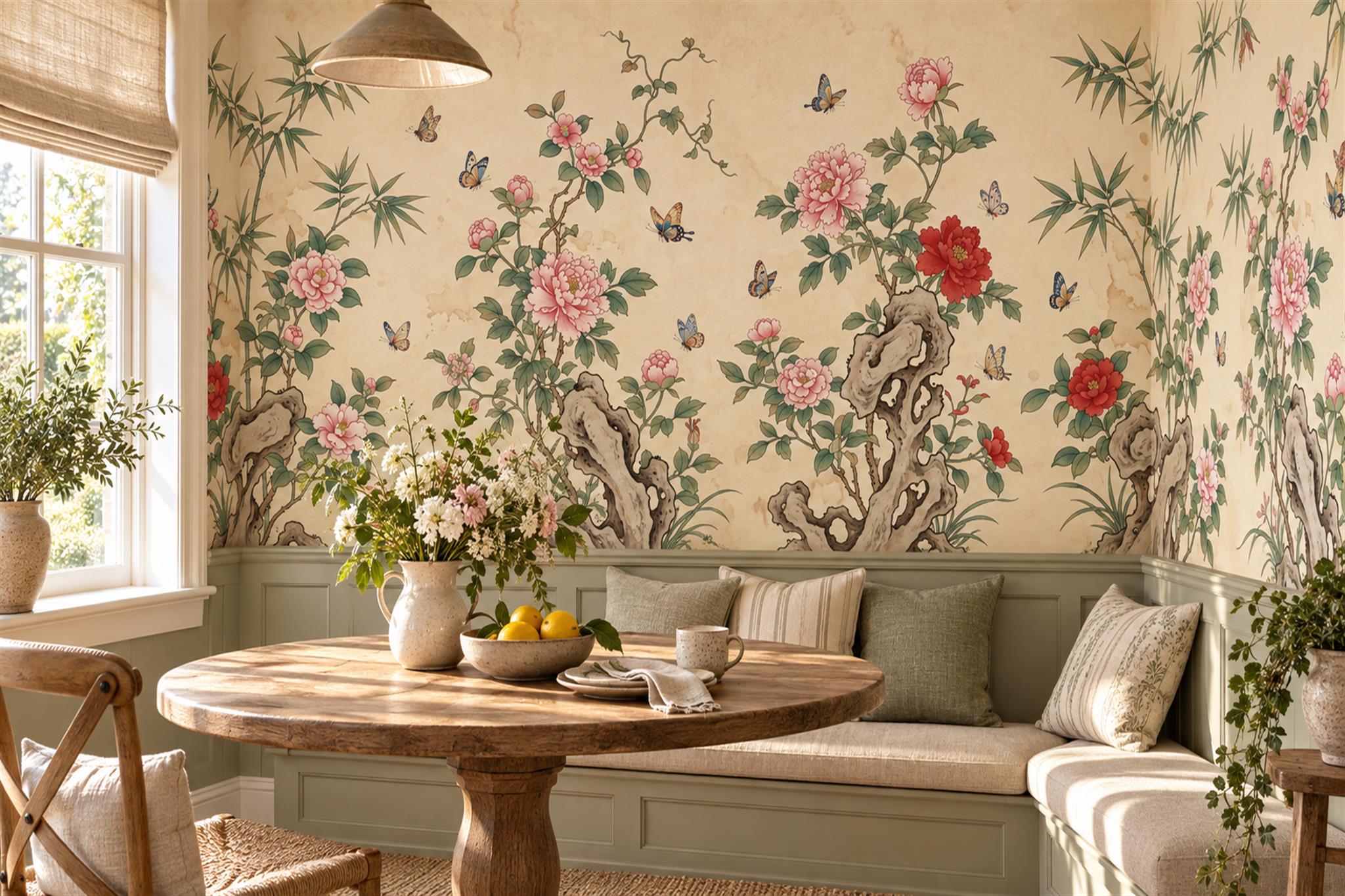 Beige Floral Botanical Decorative Wallpaper Mural Dining-room-wallpaper-murals, Peel-and-stick Finish