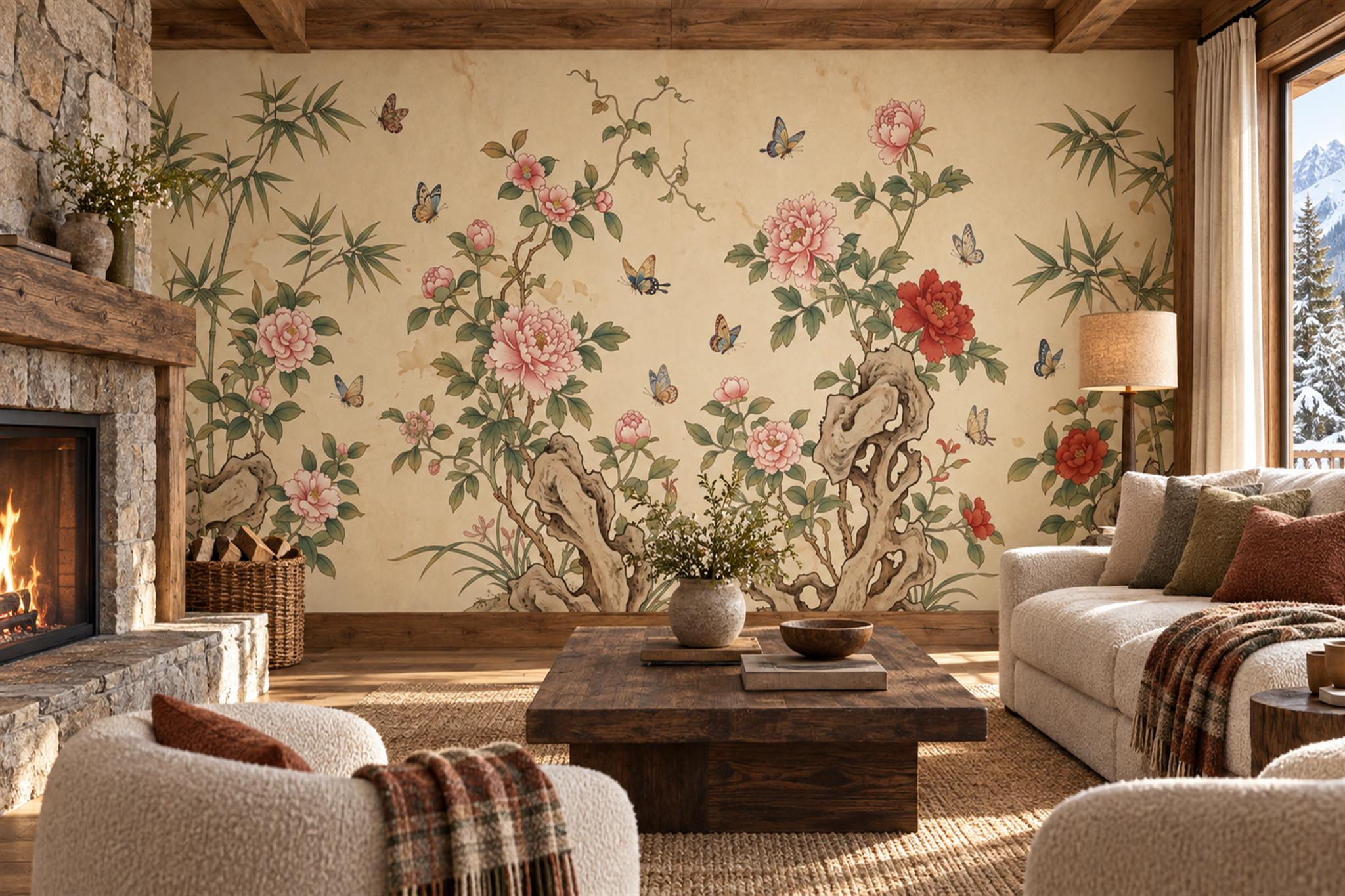Beige Floral Botanical Decorative Wallpaper Mural Accent-wall-wallpaper-murals, Peel-and-stick Finish