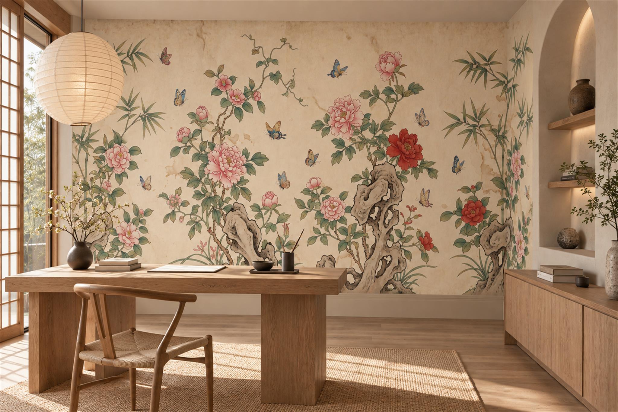 Beige Floral Botanical Decorative Wallpaper Mural Dining-room-wallpaper-murals, Peel-and-stick Finish