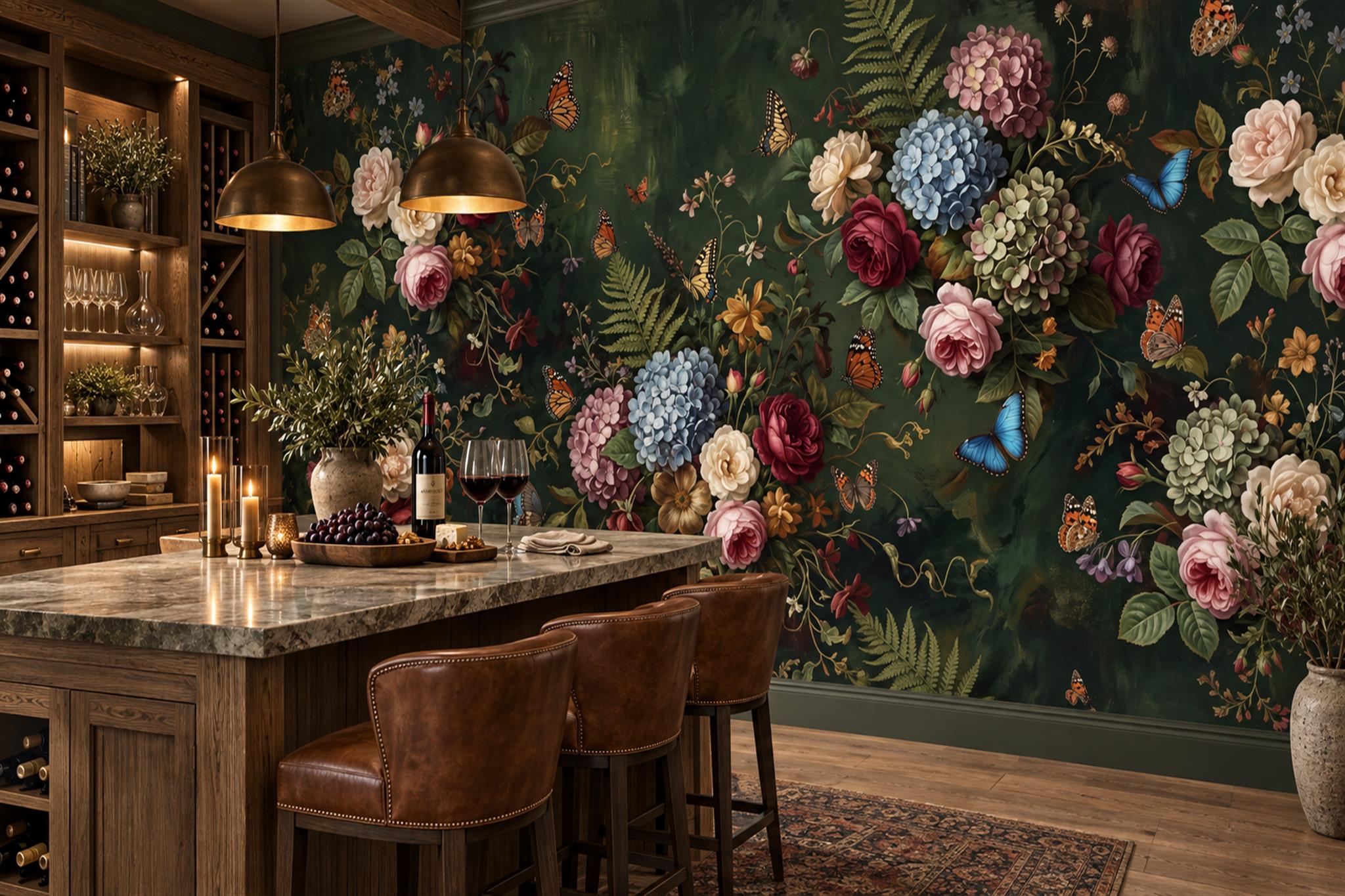 Green Floral Botanical Vintage Wallpaper Mural, Peel-and-stick Finish