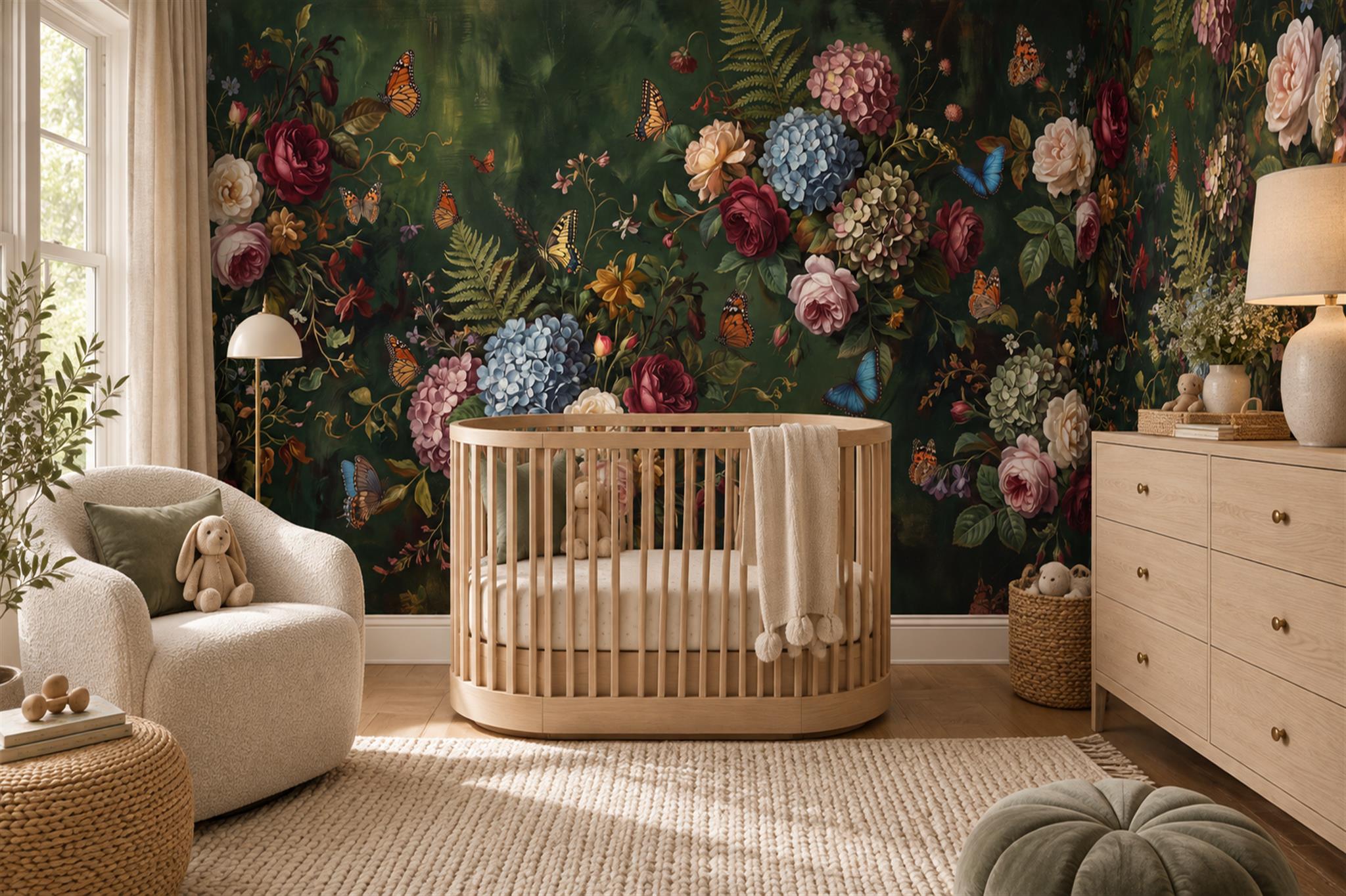 Green Floral Botanical Vintage Wallpaper Mural Feature-wall-wallpaper-murals, Peel-and-stick Finish