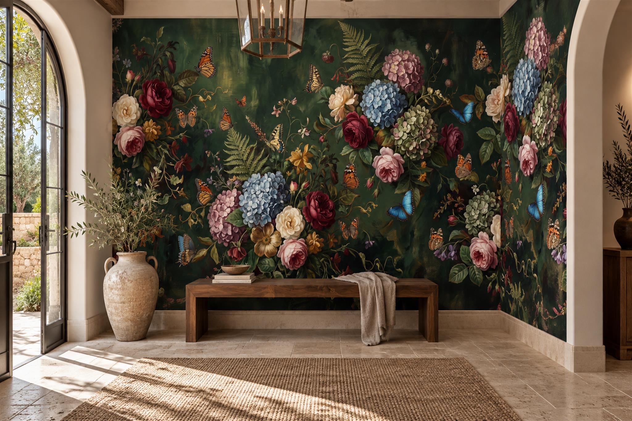 Dark Green Garden Roses And Hydrangeas Wallpaper Mural — Wallpaper Mural Design, Peel-and-stick Finish
