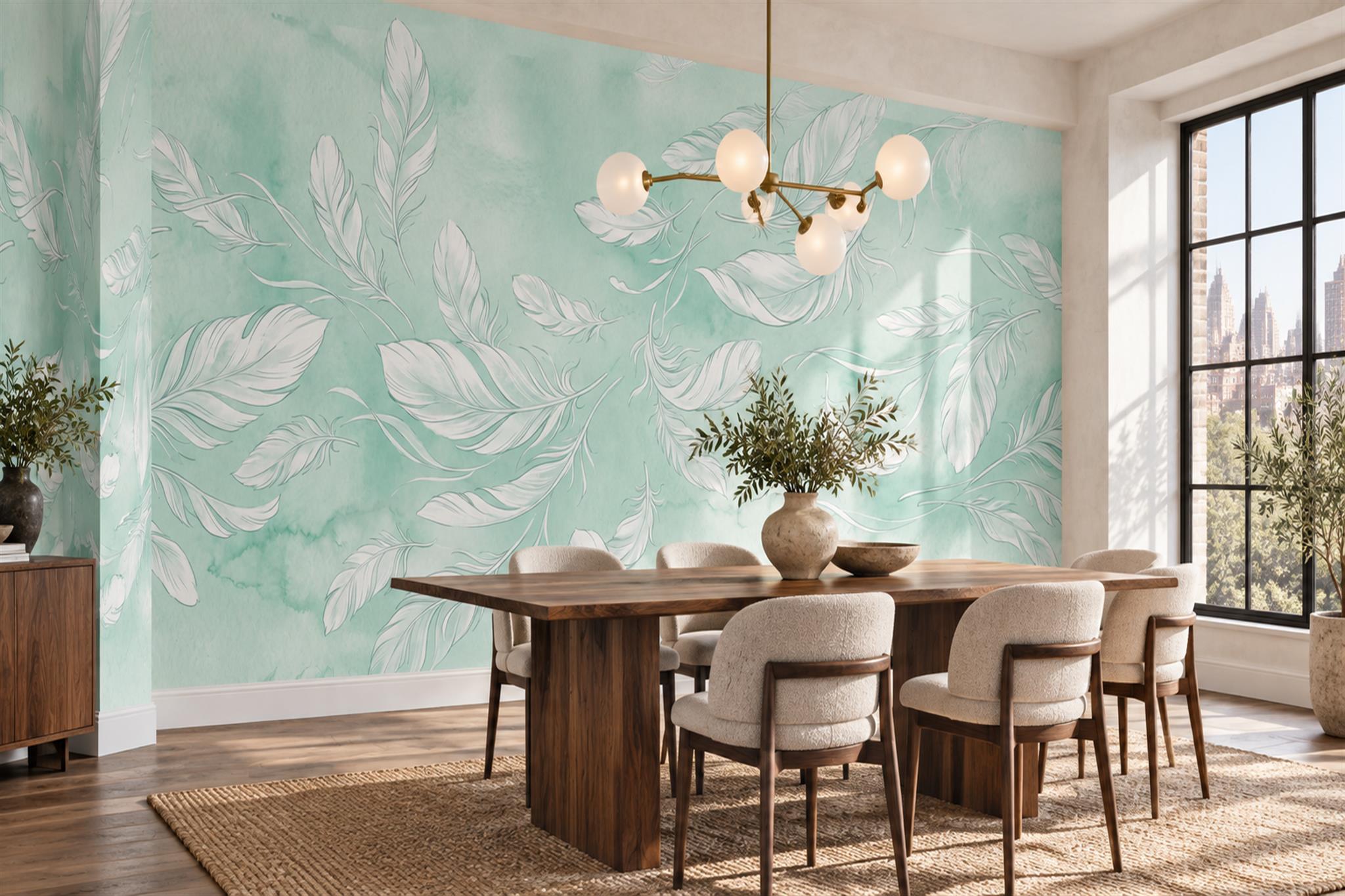 Mint Leaf Botanical Wallpaper Mural Dining-room-wallpaper-murals, Shown In A Dining Room, Peel-and-stick Finish