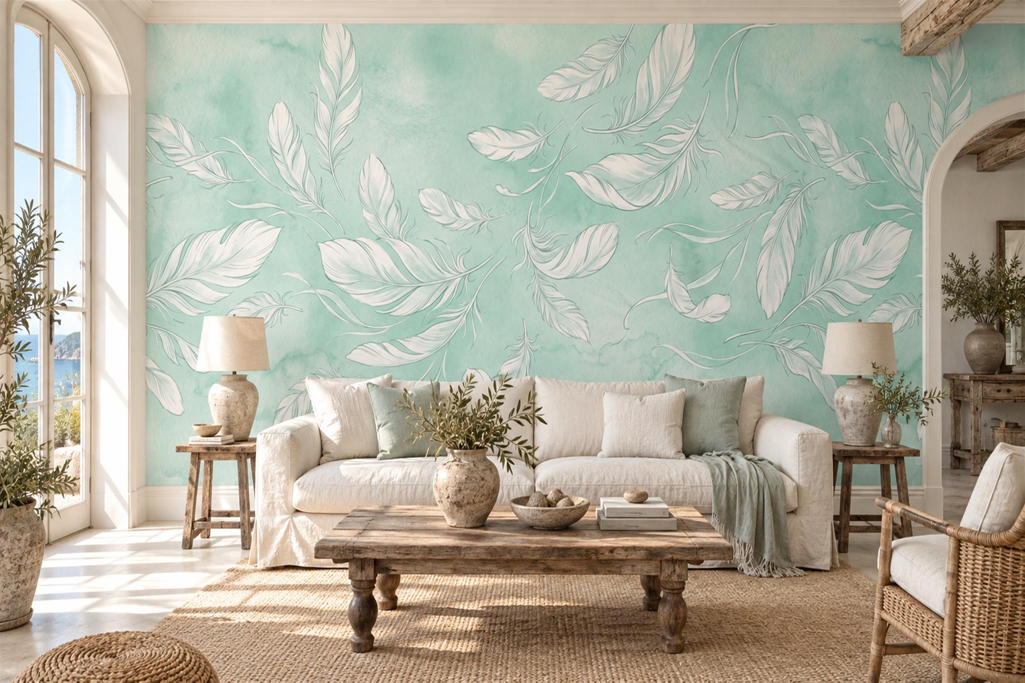 Mint Green Floating Leaf And Feather Wallpaper Mural — Wallpaper Mural Design, Peel-and-stick Finish