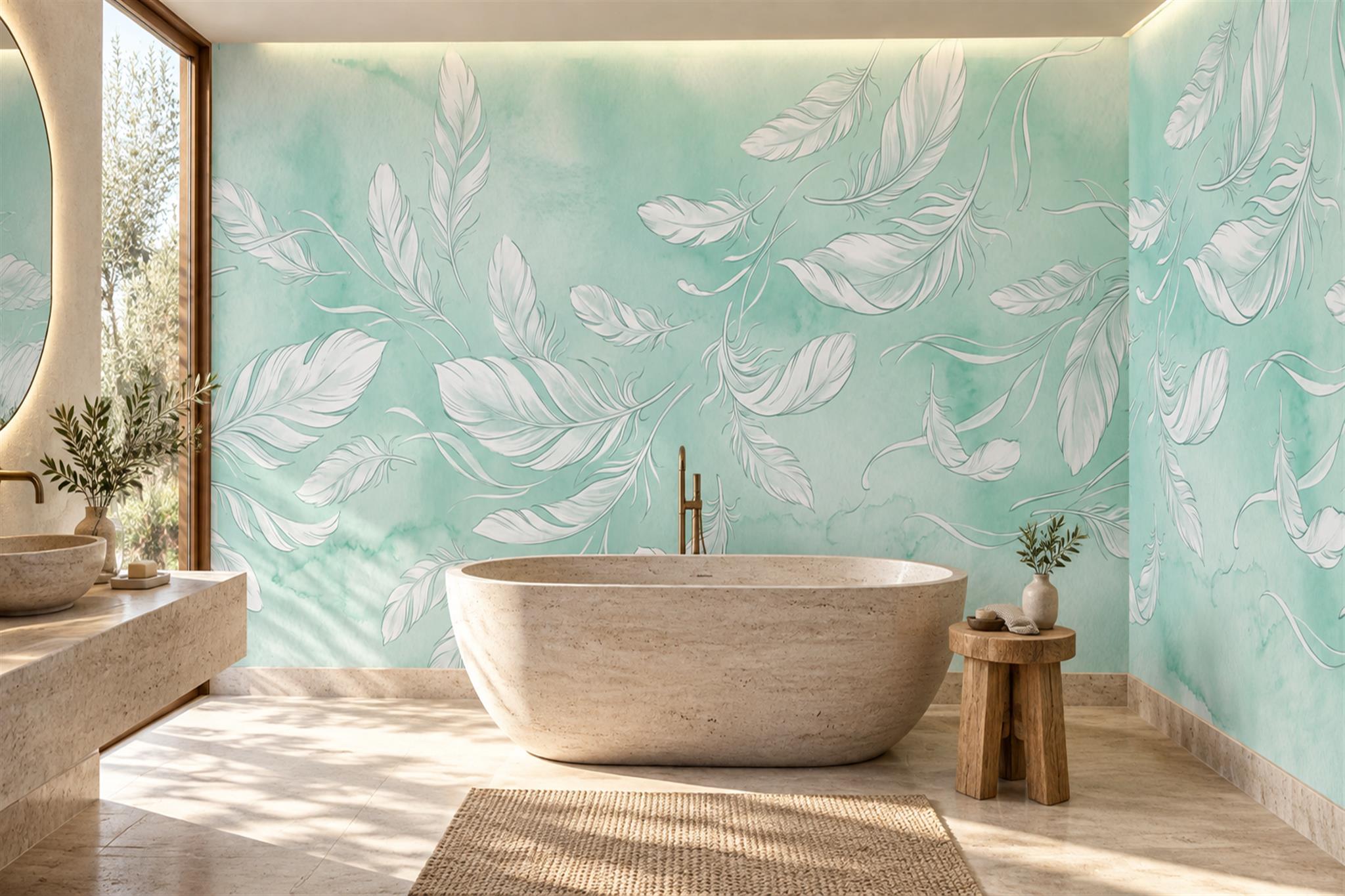 Mint Leaf Botanical Wallpaper Mural Bathroom-wallpaper-murals, Peel-and-stick Finish