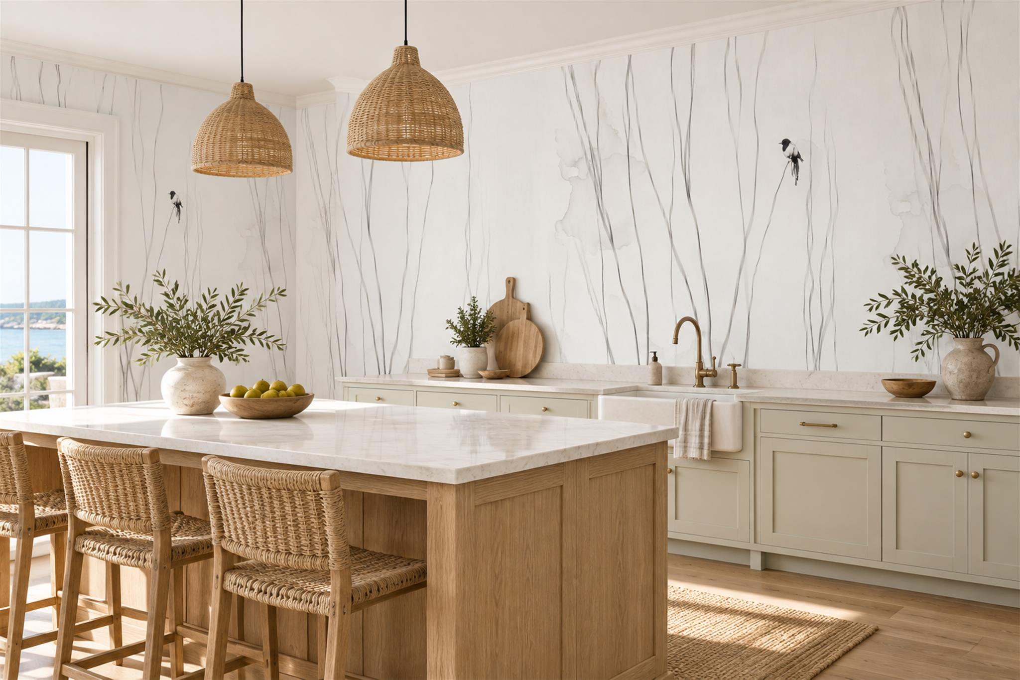 Minimalist White Reeds And Lone Bird Wallpaper Mural — Wallpaper Mural Design, Peel-and-stick Finish