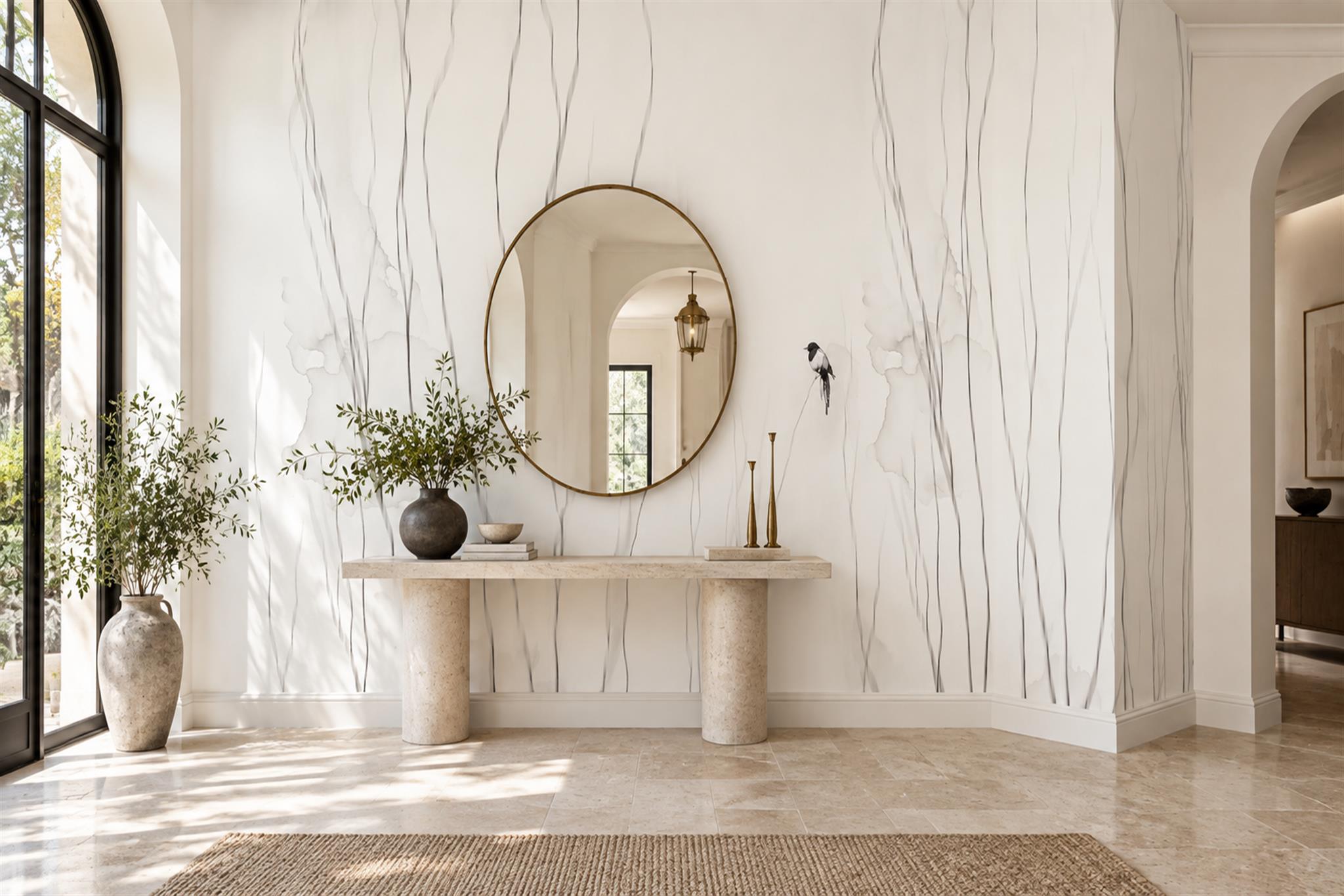 White Pattern Decorative Layered Wallpaper Mural Entryway-wallpaper-murals, Peel-and-stick Finish