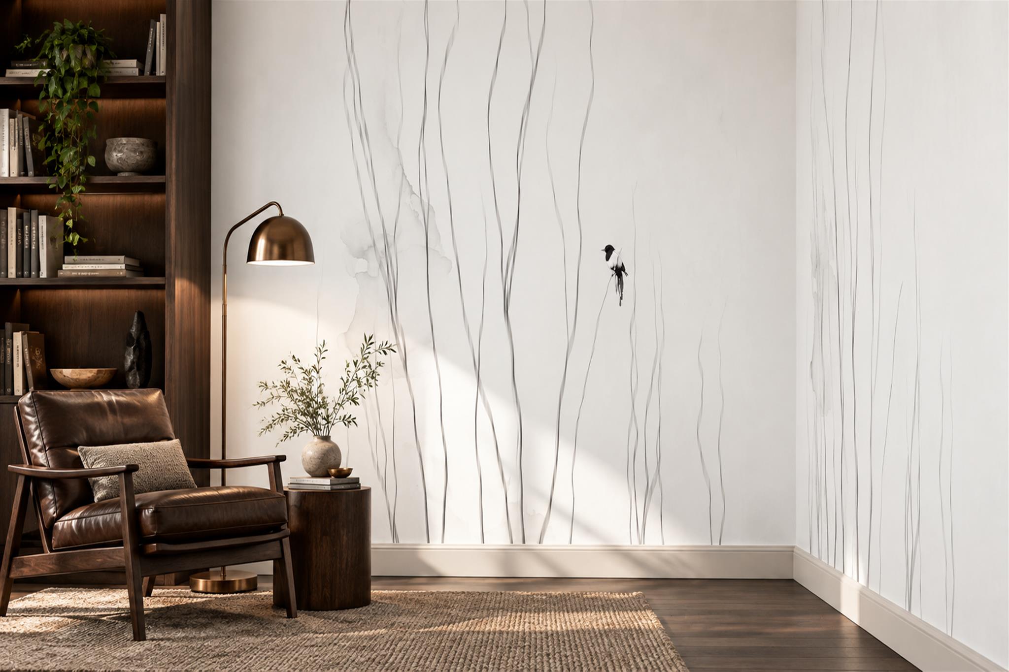 White Pattern Decorative Layered Wallpaper Mural Home-office-wallpaper-murals, Shown In A Home Office, Peel-and-stick Finish