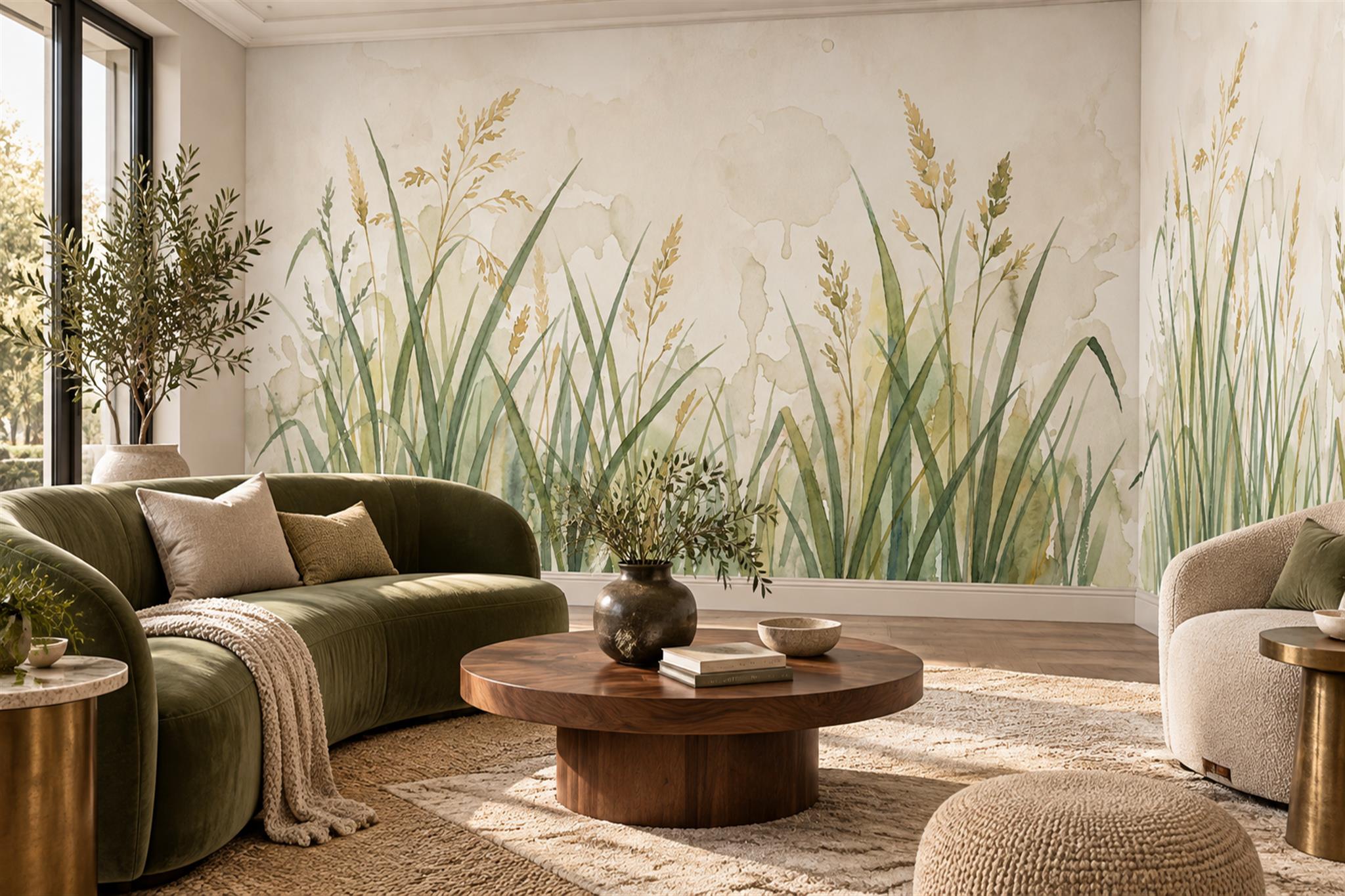 Green Grasses Artful Wallpaper Mural Living-room-wallpaper-murals, Shown In A Living Room, Peel-and-stick Finish