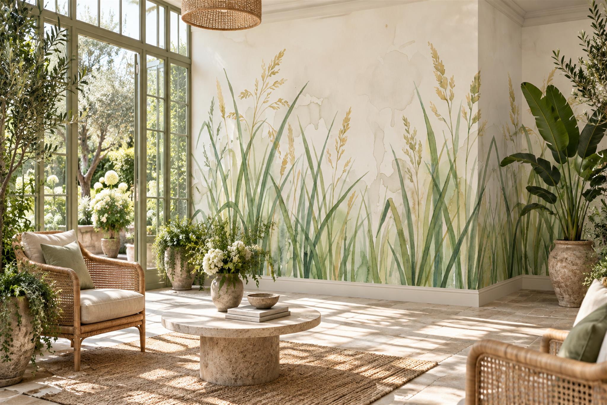 Watercolour Green Meadow Grasses Wallpaper Mural — Wallpaper Mural Design, Peel-and-stick Finish