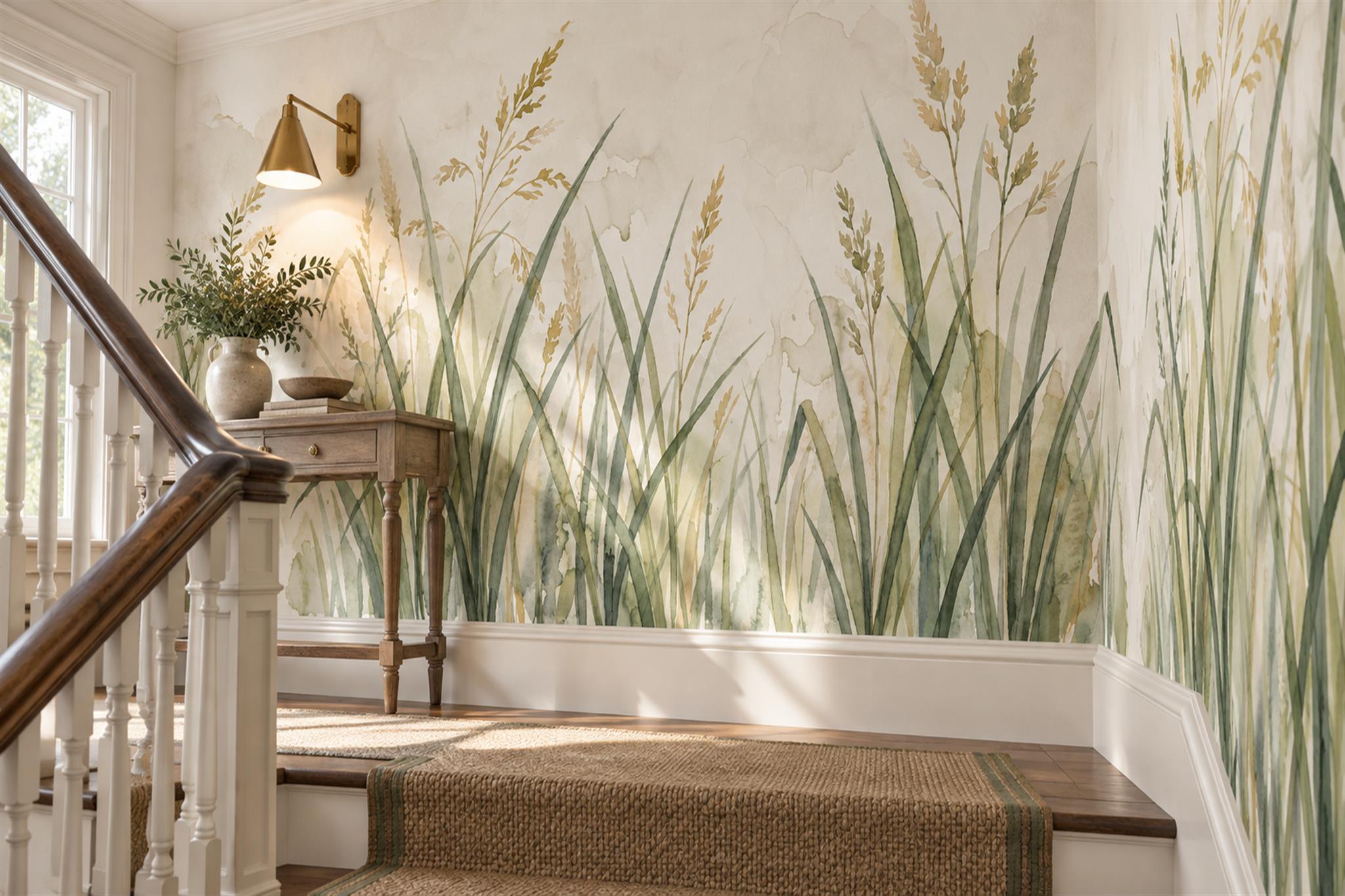 Green Grasses Artful Wallpaper Mural Hallway-wallpaper-murals, Peel-and-stick Finish