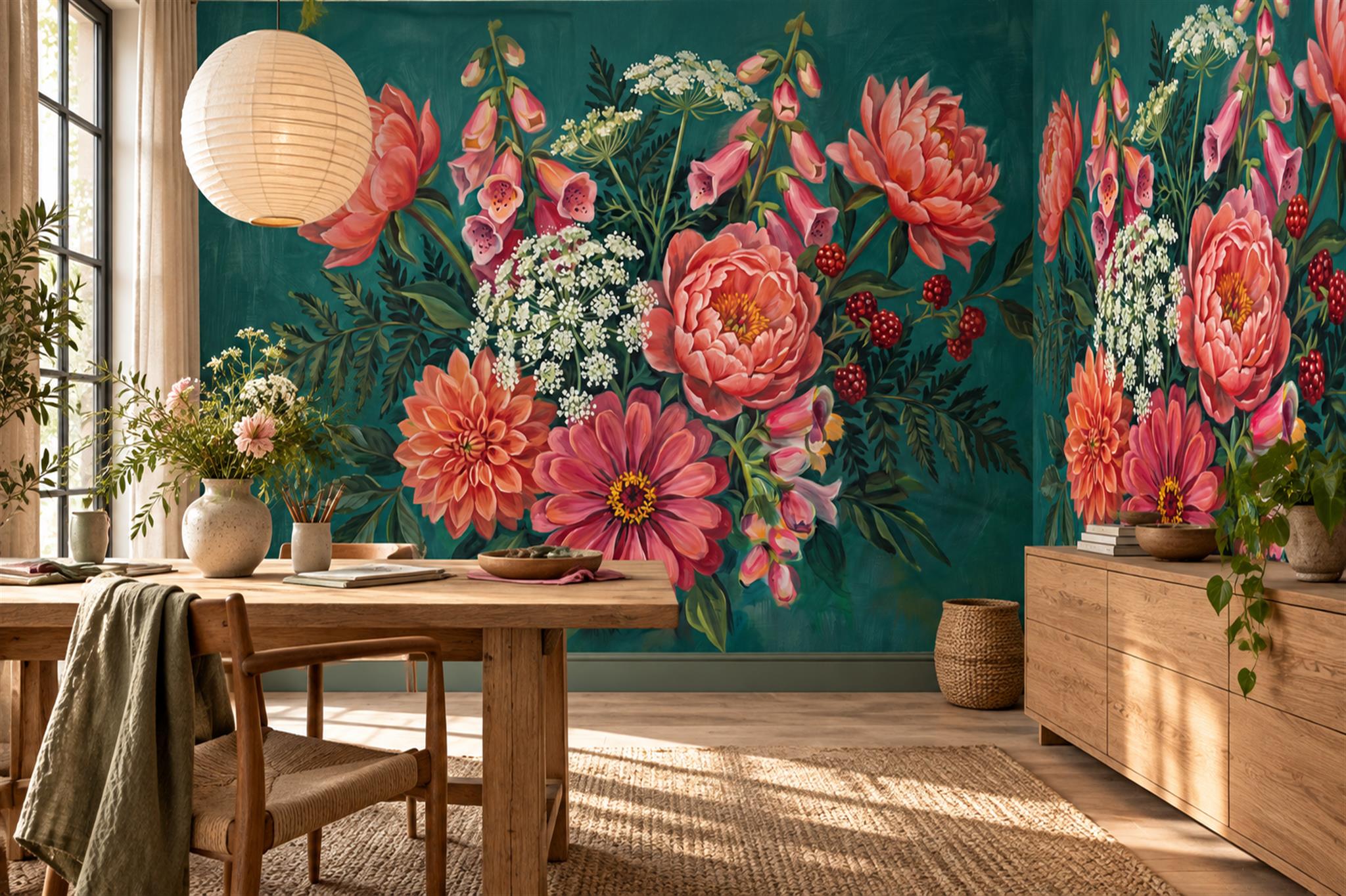 Coral Bouquet Botanical Wallpaper Mural Home-office-wallpaper-murals, Peel-and-stick Finish